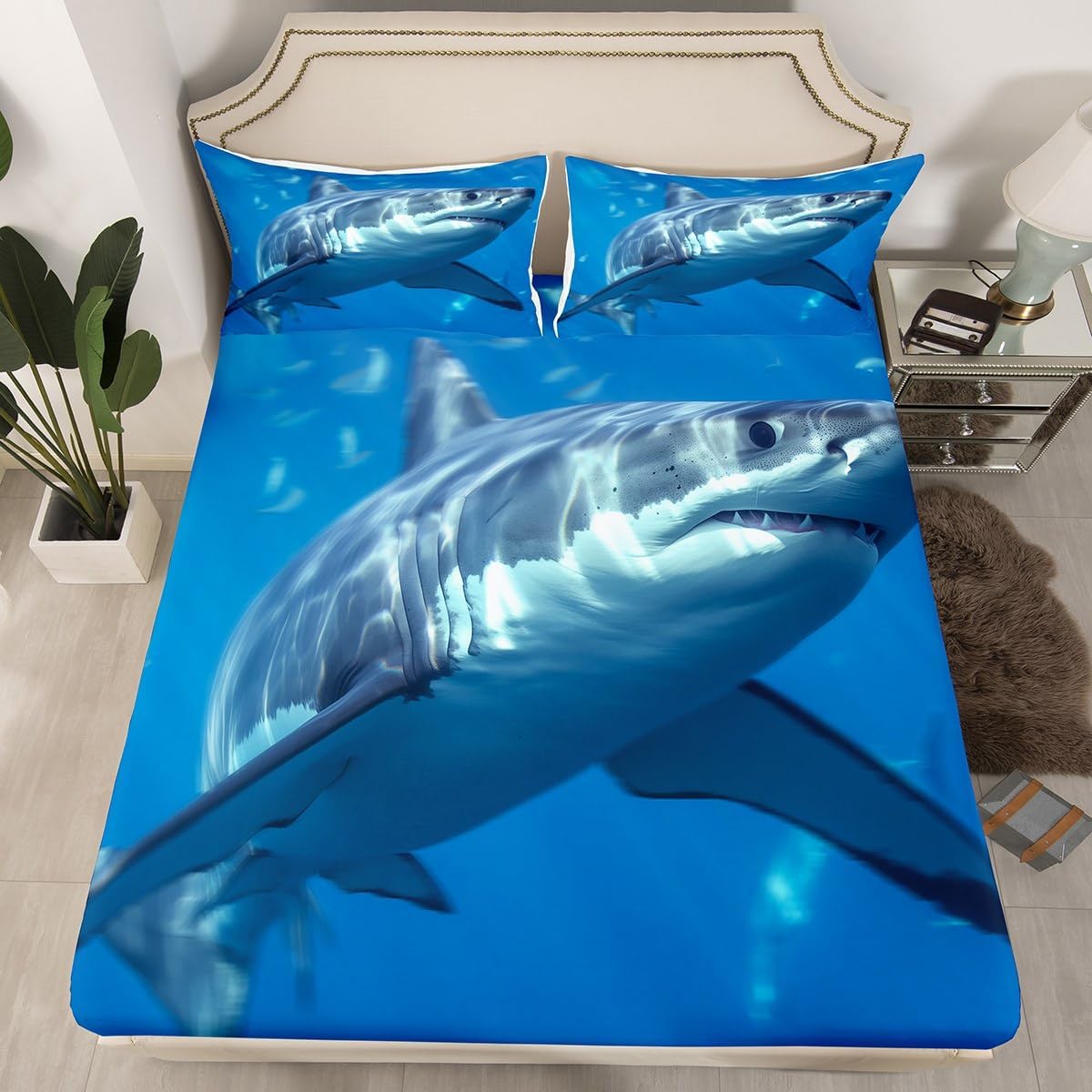 Erosebridal Shark Sheets Full 3Pcs, Underwater World Sealife Bed Sheets Set, Sparkling Sea Wave Fitted Sheet, 3D Shark Fish Bedding Set, Soft Cozy Room Decor Flat Sheet with 2 Pillow Cases