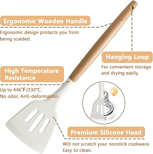 Miniatura 2 de IOCBYHZ Juego de 5 utensilios de cocina de silicona, juego de utensilios de cocina con mango de madera resistente al calor, antiadherente, espátula