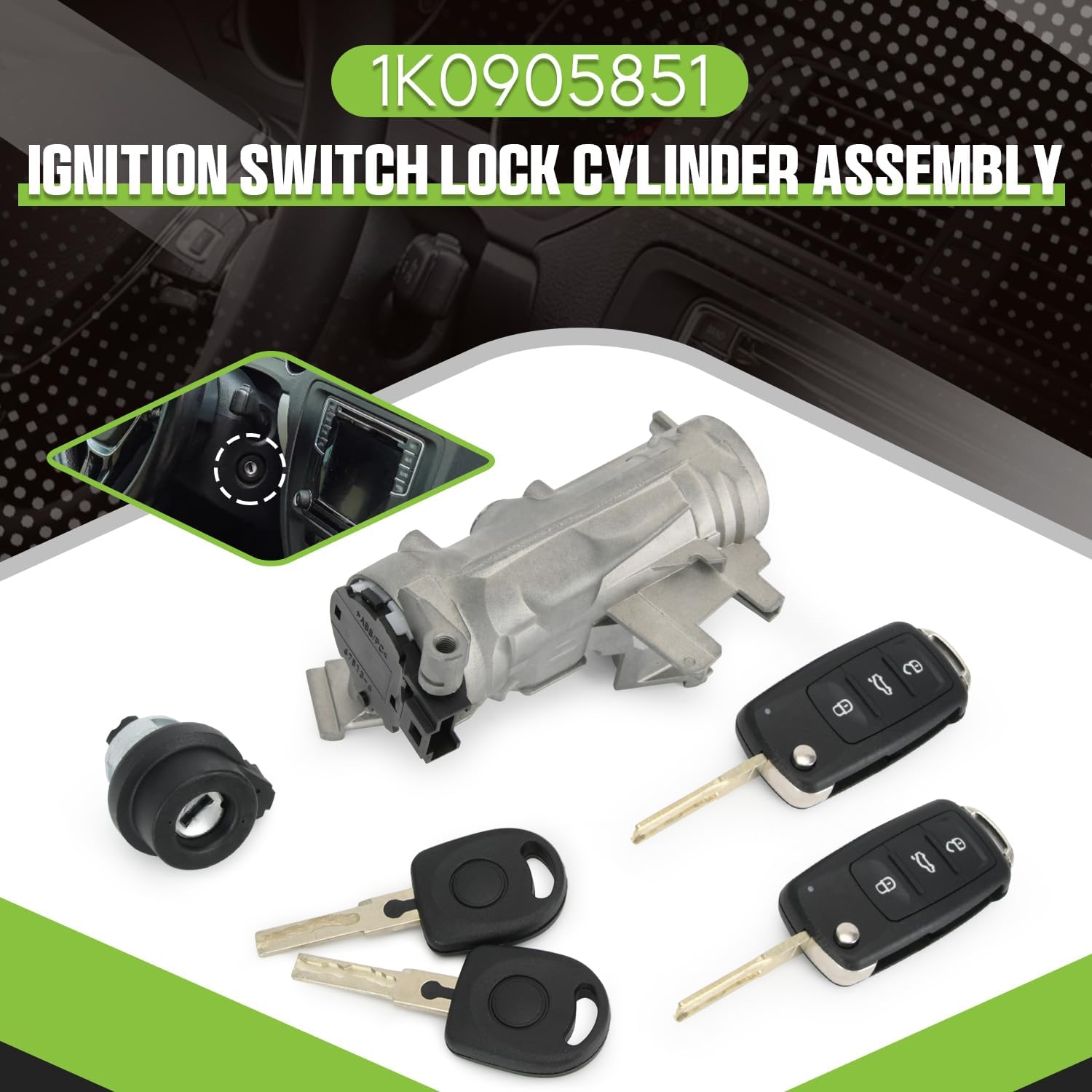 Ignition Switch Lock Cylinder w/Intelligent Key Shell, Fits Volkswagen VW Jetta 06-18, Golf 04-11, Eos 07-11, Rabbit 06-09, Tiguan 08-11, Replacement for 1K0905851 1K0905851B - Image 2