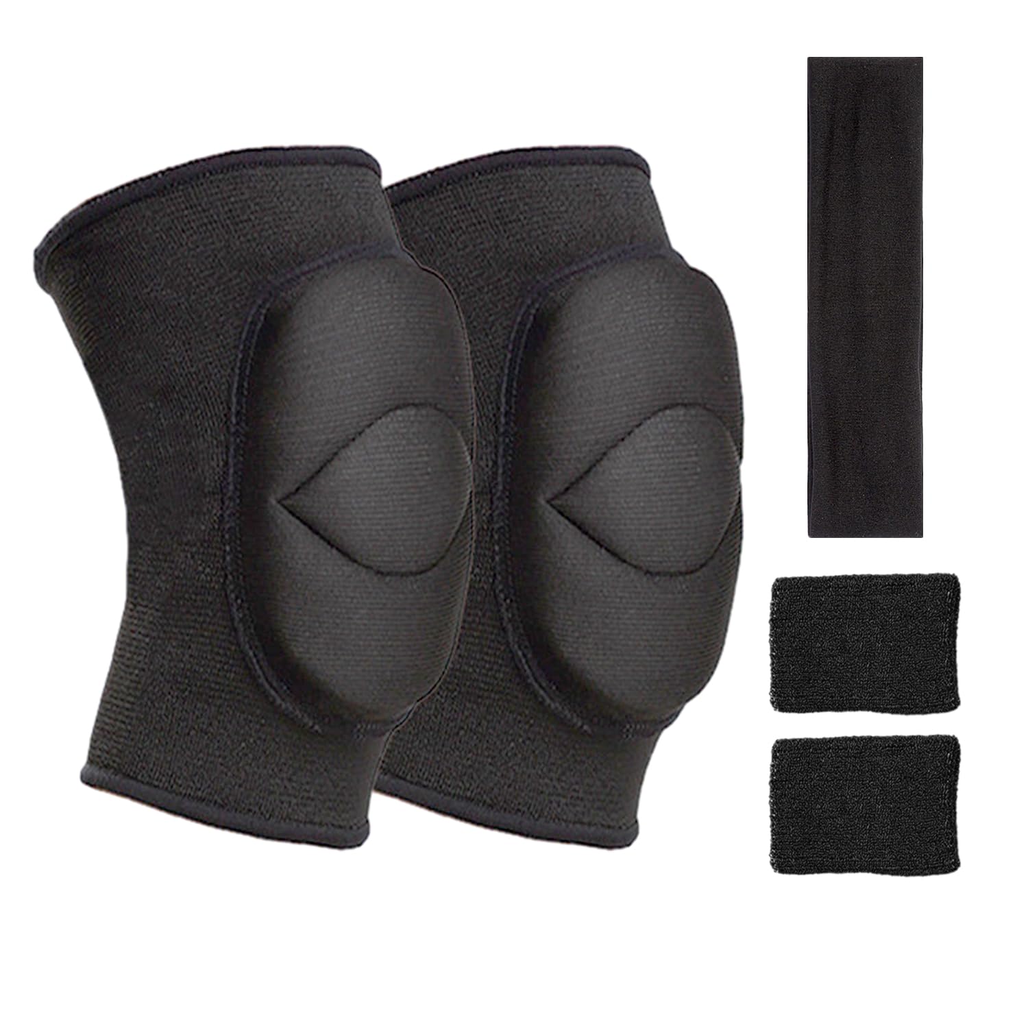 MAXQUU 1 Pair of Thickened Sponge Knee Pads, With 1 Pair of Sleeves and 1 Piece of Headband, Yoga Dance Sports Running Protectors, Anti Slip and Collision Resistant Adult Children's Knee Pads (Black)