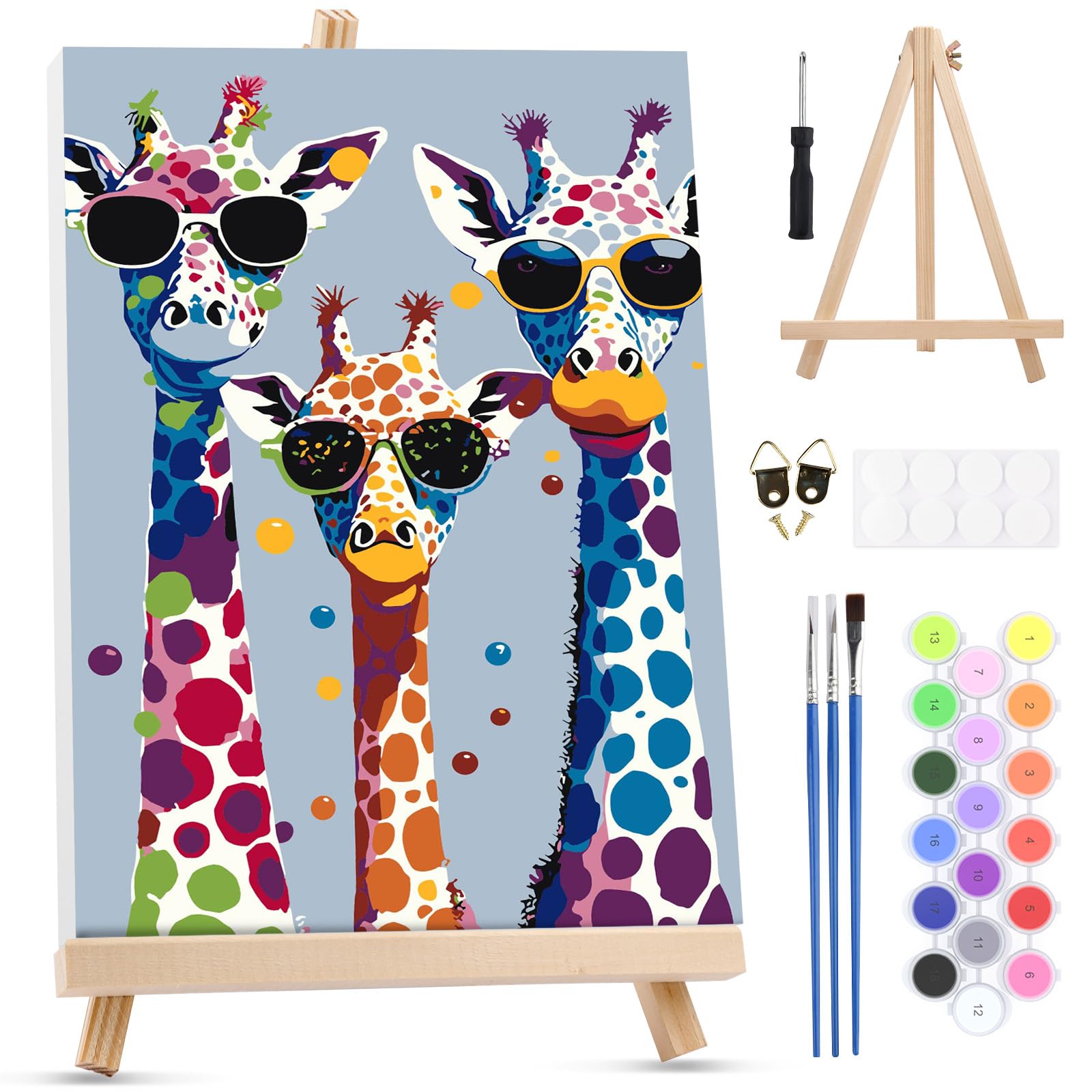 MOTGOM Paint by Numbers Kits for Adult with Frame Wooden Easel, Cool Giraffe Family Arts and Crafts Kit for Adults Beginner, DIY Paint by Numbers for Adults for Gifts Home Wall Decor 20x30cm