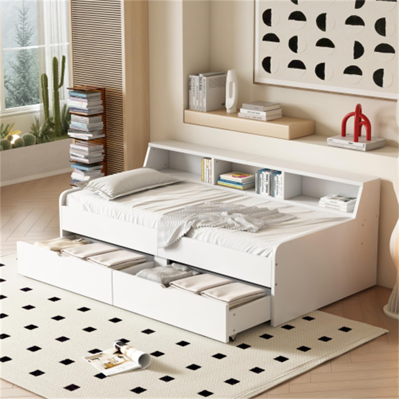 Letto Divano 90x200 Cm Letto Contenitore Con 2 Cassetti Letto Singolo Con Vano Portaoggetti E Rete A Doghe Letto Per Ragazzi Per Camera Da Letto Soggiorno Letto Per Gli Ospiti Bianco