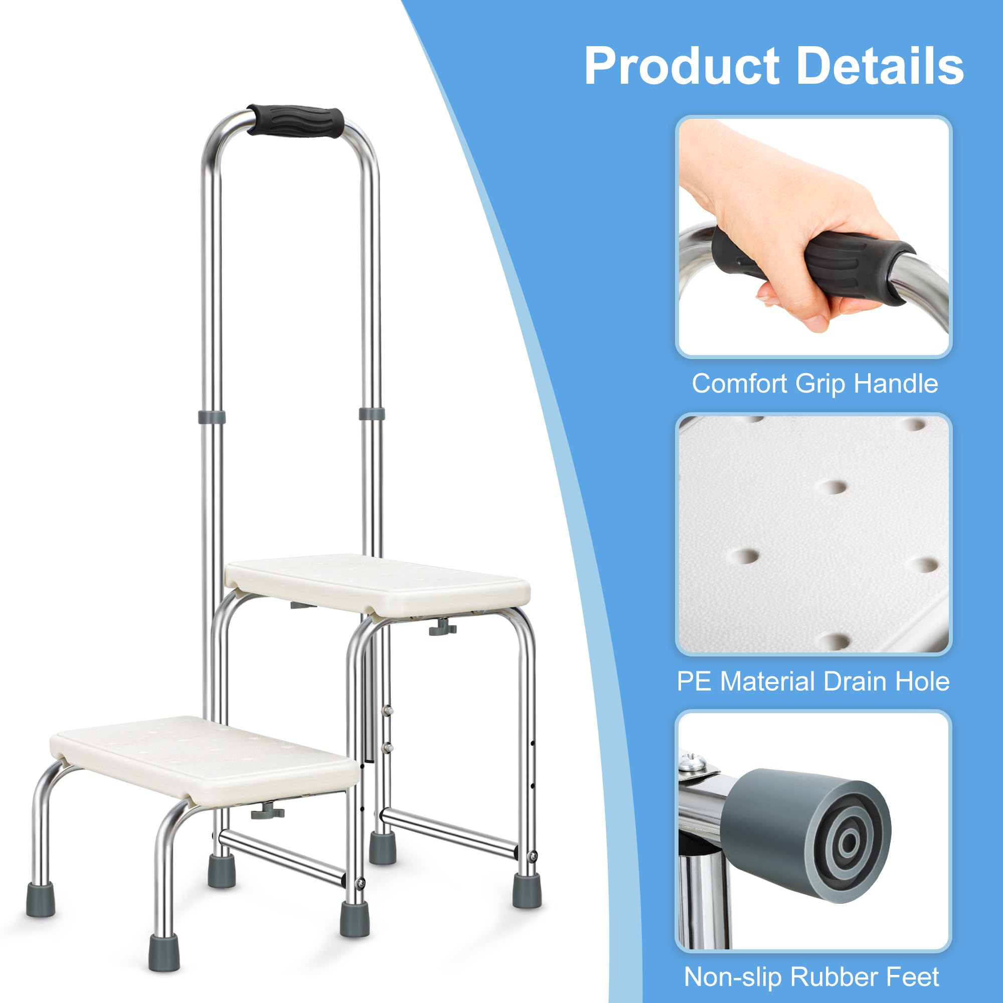 Gradino di sicurezza mobile per bagno per anziani, regolabile in altezza e antiscivolo, 2 gradini con maniglia,per gradini da bagno letti,veicoli e vasche da,cucina,peso 160 kg