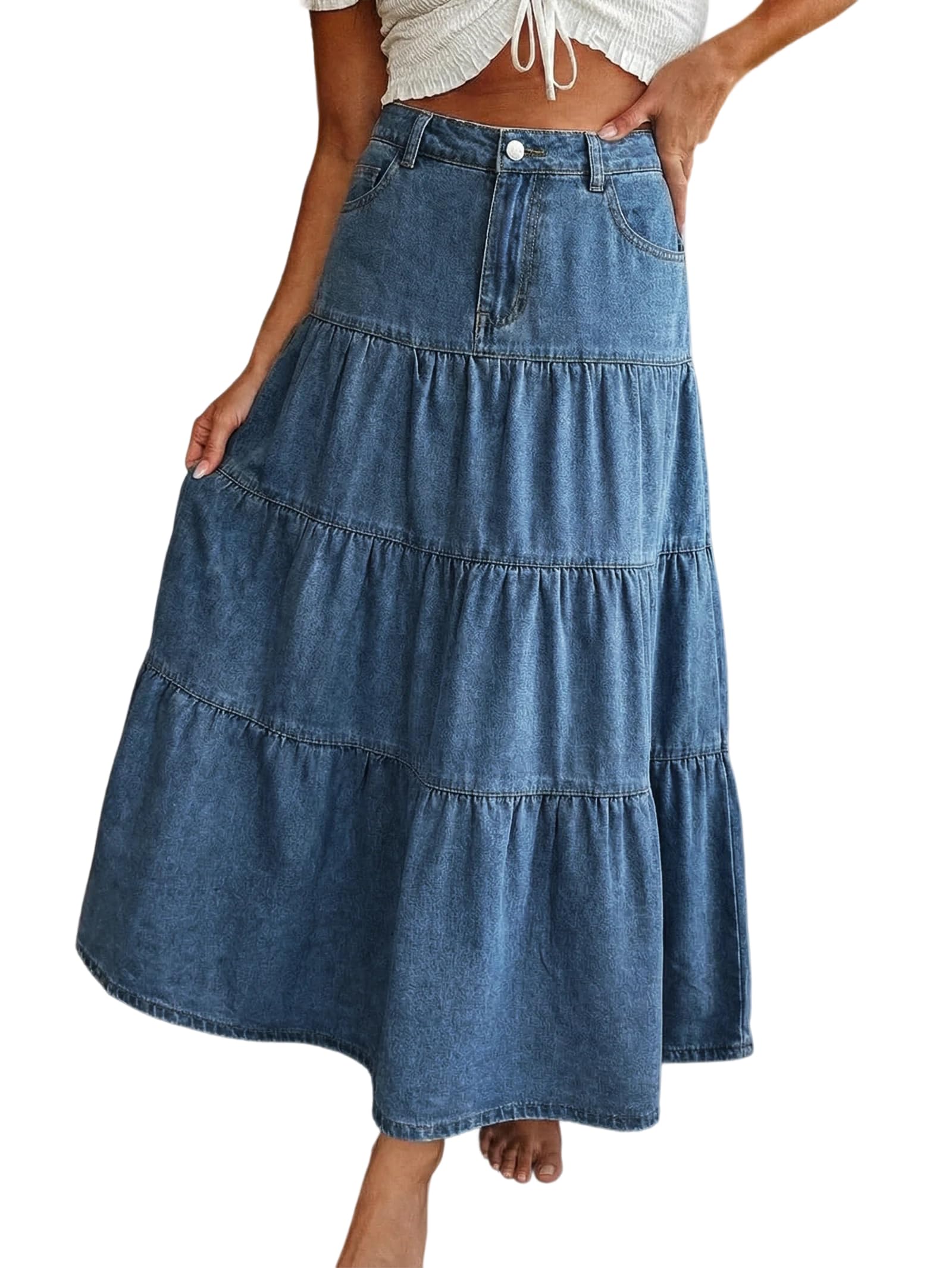 EMMIOL Long Denim Skirt for Women - Mid High Waisted A-Line Jean Maxi Skirts Dark Wash Tiered Swing