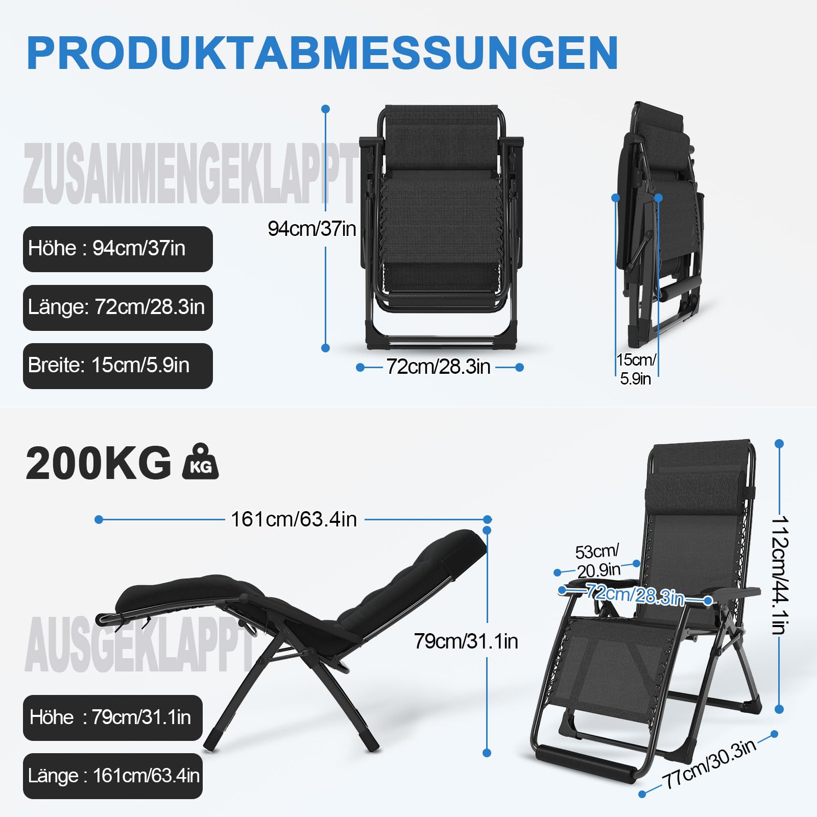 Liegestuhl klappbar, Deckchair,Gartenliege wetterfest,Outdoor Relaxsessel mit Liegefunktion,Verstellbare Rückenlehne, Nackenkissen,200 kg,Sonnenliege klappbar für Balkon,Strand,Pool (Schwarz,72 cm)