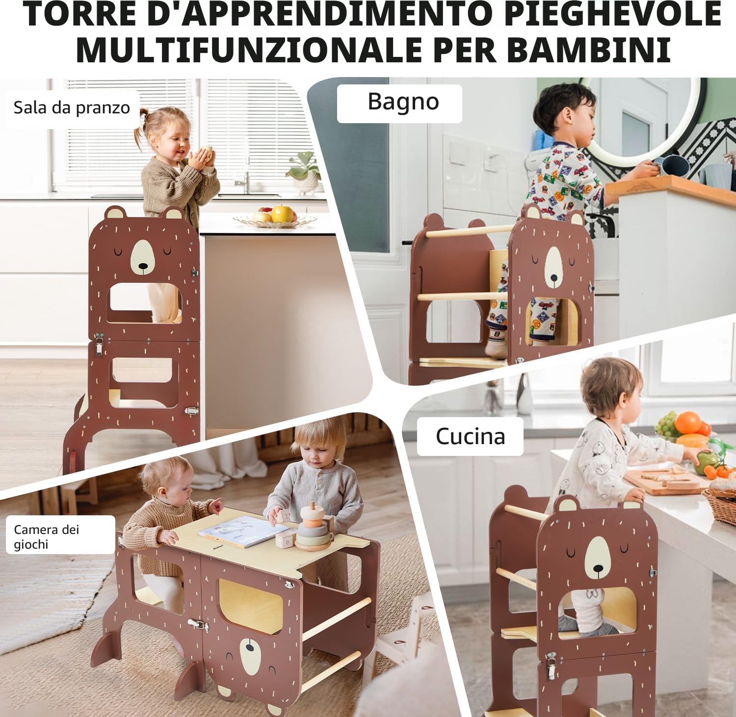 Labebe Torre Montessoriana Pieghevole in Legno 3 w 1 z Lavagna Orso Bruno