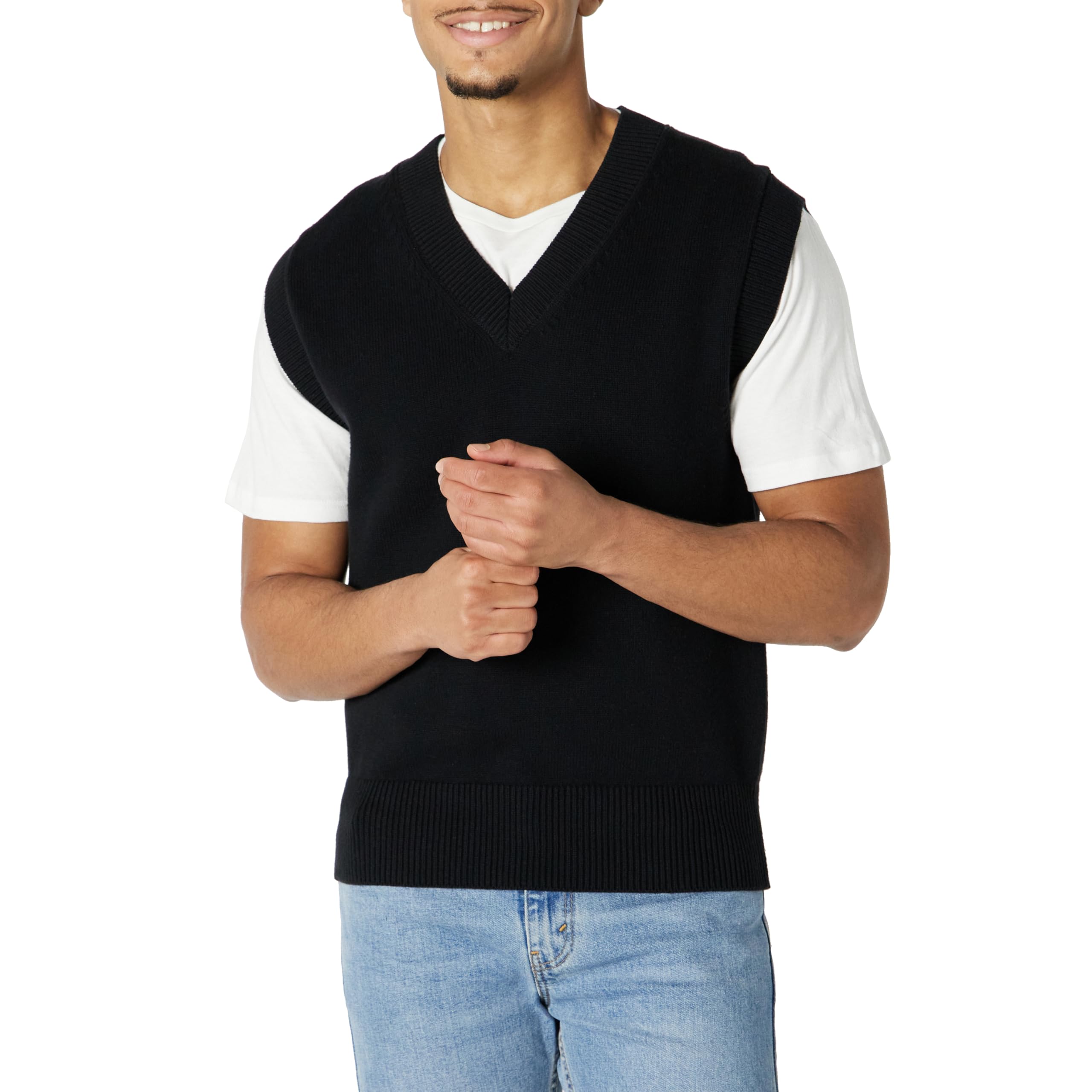 Amazon Essentials Men's Relaxed-Fit V-Neck Sweater Vest, Black, X-Small