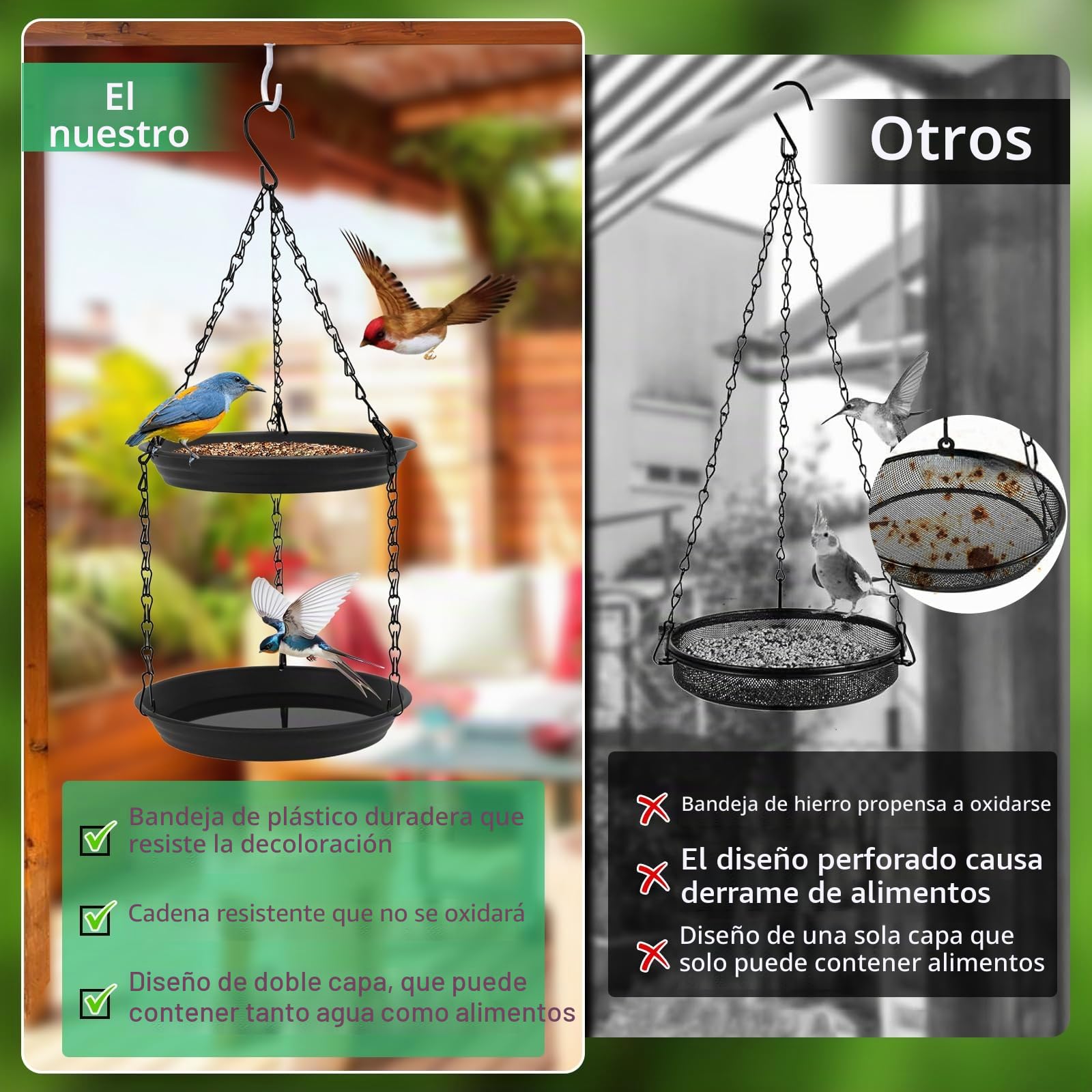 Hysagtek Bebedero colgante para pájaros, comedero para pájaros en dos niveles, comederos de plástico para aves silvestres, comederos para jardín/balcón