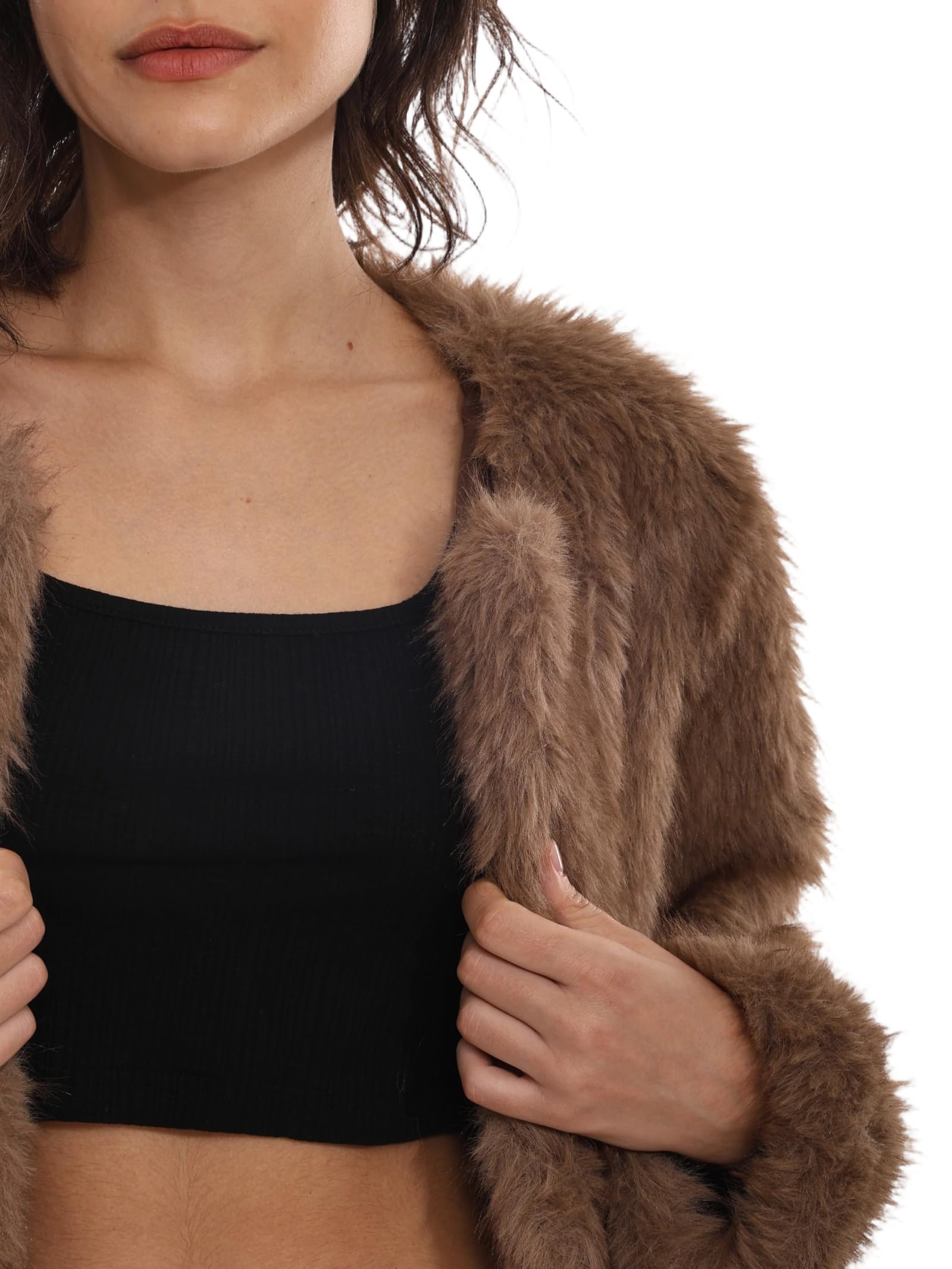 Amazhiyu Cappotto da donna in pelliccia sintetica con tasche, aperto sul davanti, invernale, a maniche lunghe, girocollo, caldo cardigan