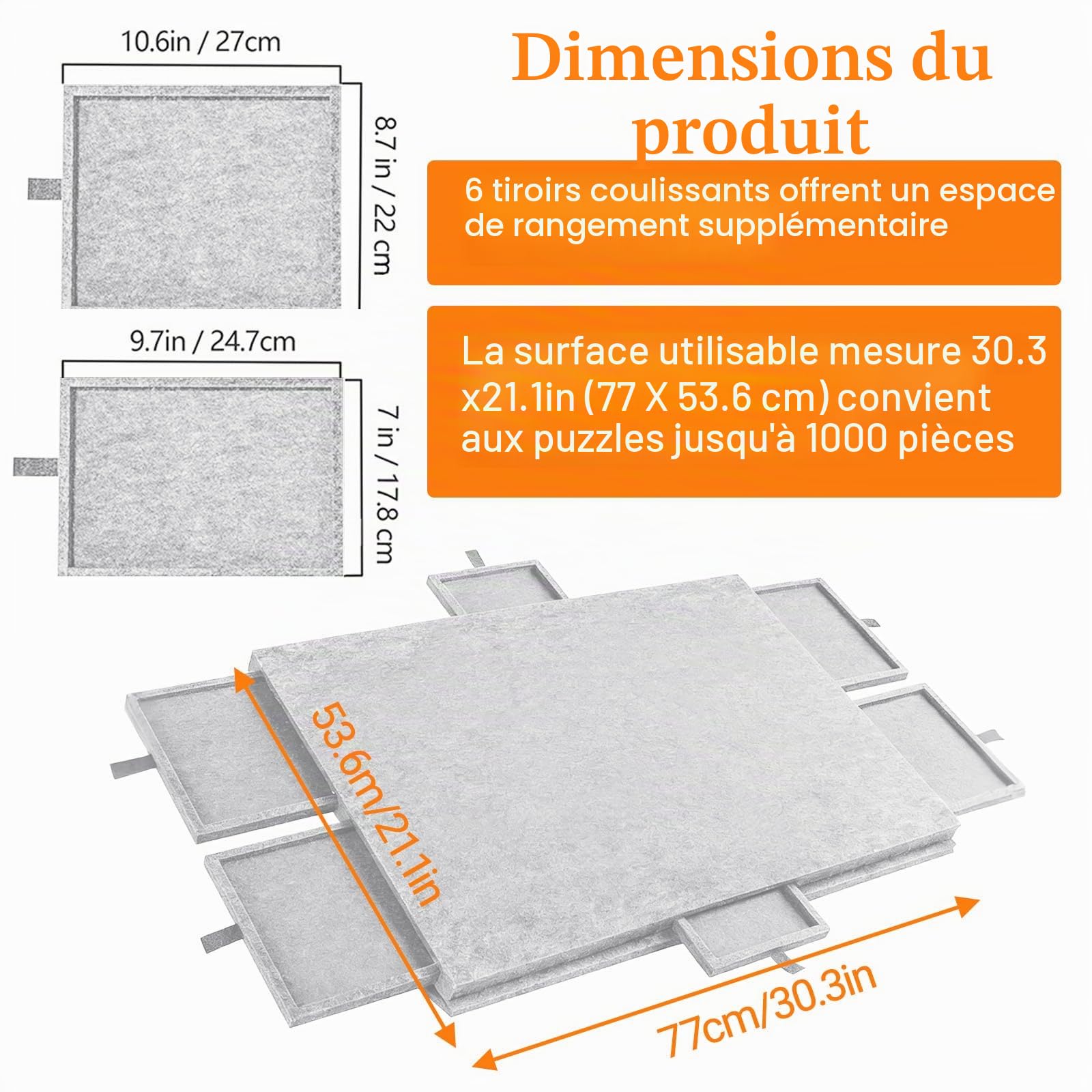Planche à Puzzle Pliable 1000 pièces, Portable, 2 en 1 Planche à Puzzle Portable avec 6 Tiroirs & Couvercle, Planche de Puzzle, Table de Puzzle, Cadeau de Noël pour Adultes, Enfant (Gris)