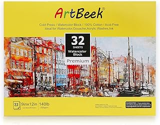 Watercolor Paper Block,9" x 12" Watercolor Block 32 Sheets 100% Cotton Cold Press 140lb/300GSM