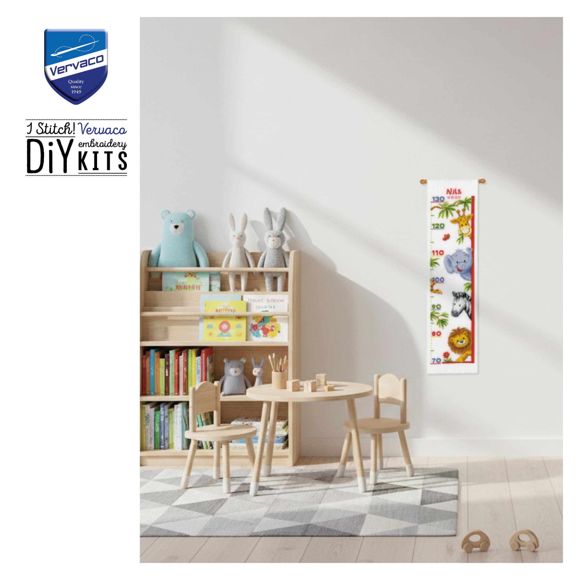Kit Point De Croix Compté Girafe Mesure Hauteur Enfant - 18x70 Cm, Vervaco, Complet Avec Fil DMC Et Tissu
