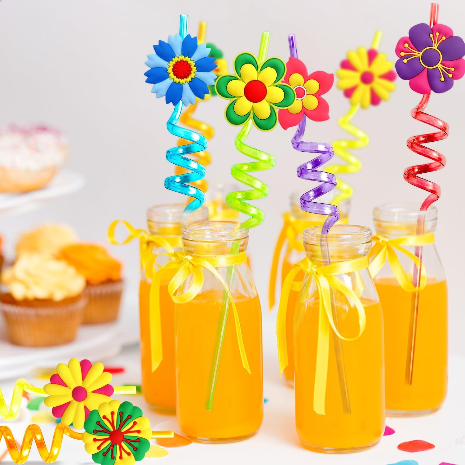 Fancy Land Reusable Flower Straws Plastic Daisy Drinking Straw Groovy Floral Party Favors for Spring Summer Birthday Beach Pool Party Decorations 24Pcs