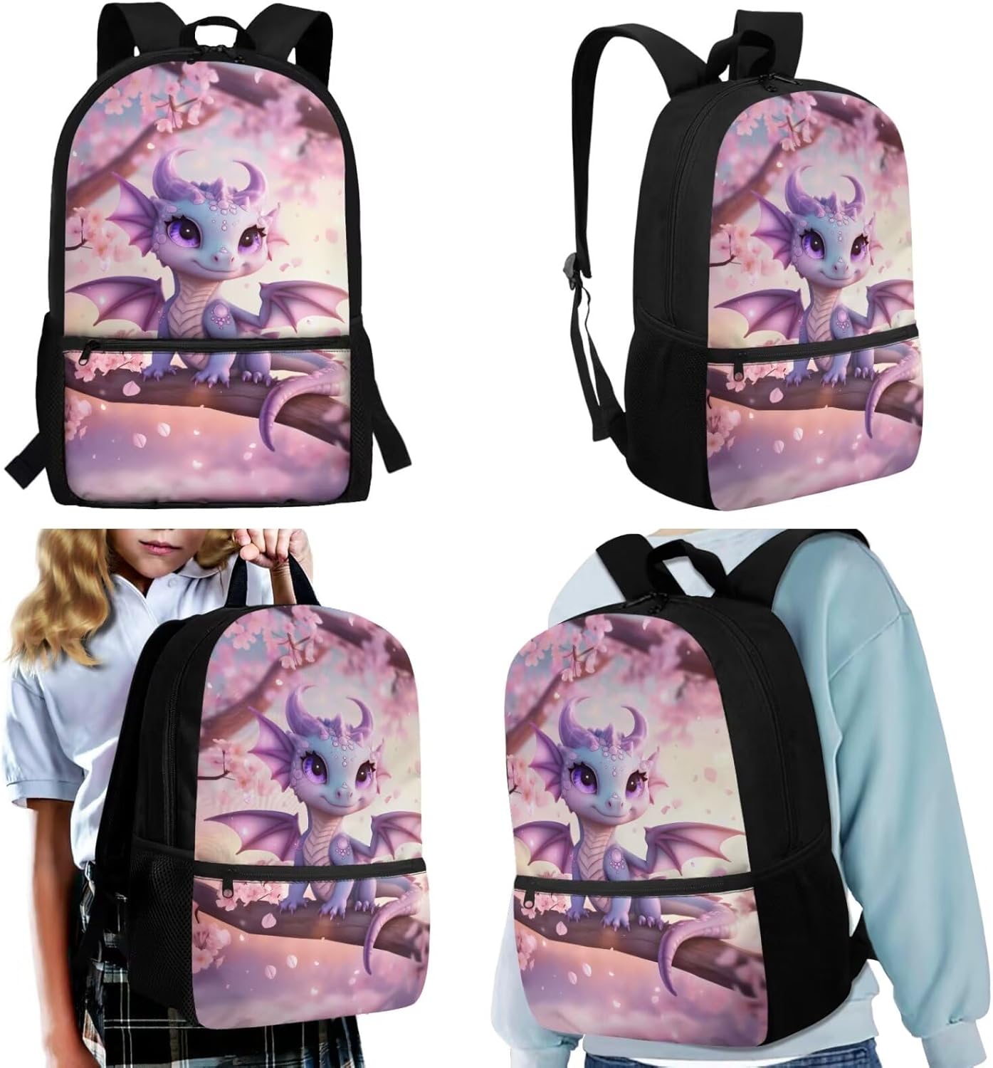 Cherry Blossoms Dragon Backpack and Lunch Box Set Girls 6-8 Years Cute School Bag with Lunch Bag Pencil Case Water Bottle Holder 2nd Grade Bookbag Lunchbox, 4-in-1