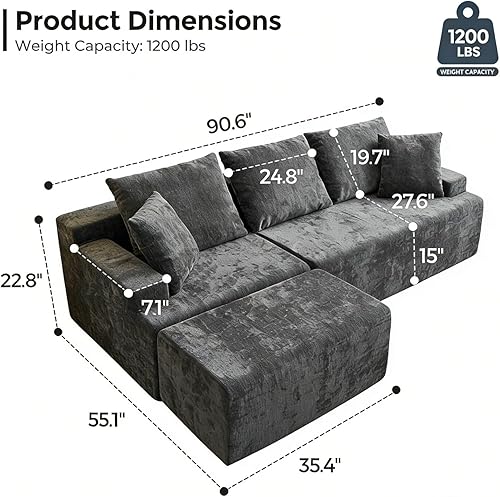 Miniatura 2 de Sofás seccionales sin hueso de 90.6 pulgadas, moderno sofá nube en forma de L con diván, sofás modulares de espuma viscoelástica para sala de estar,