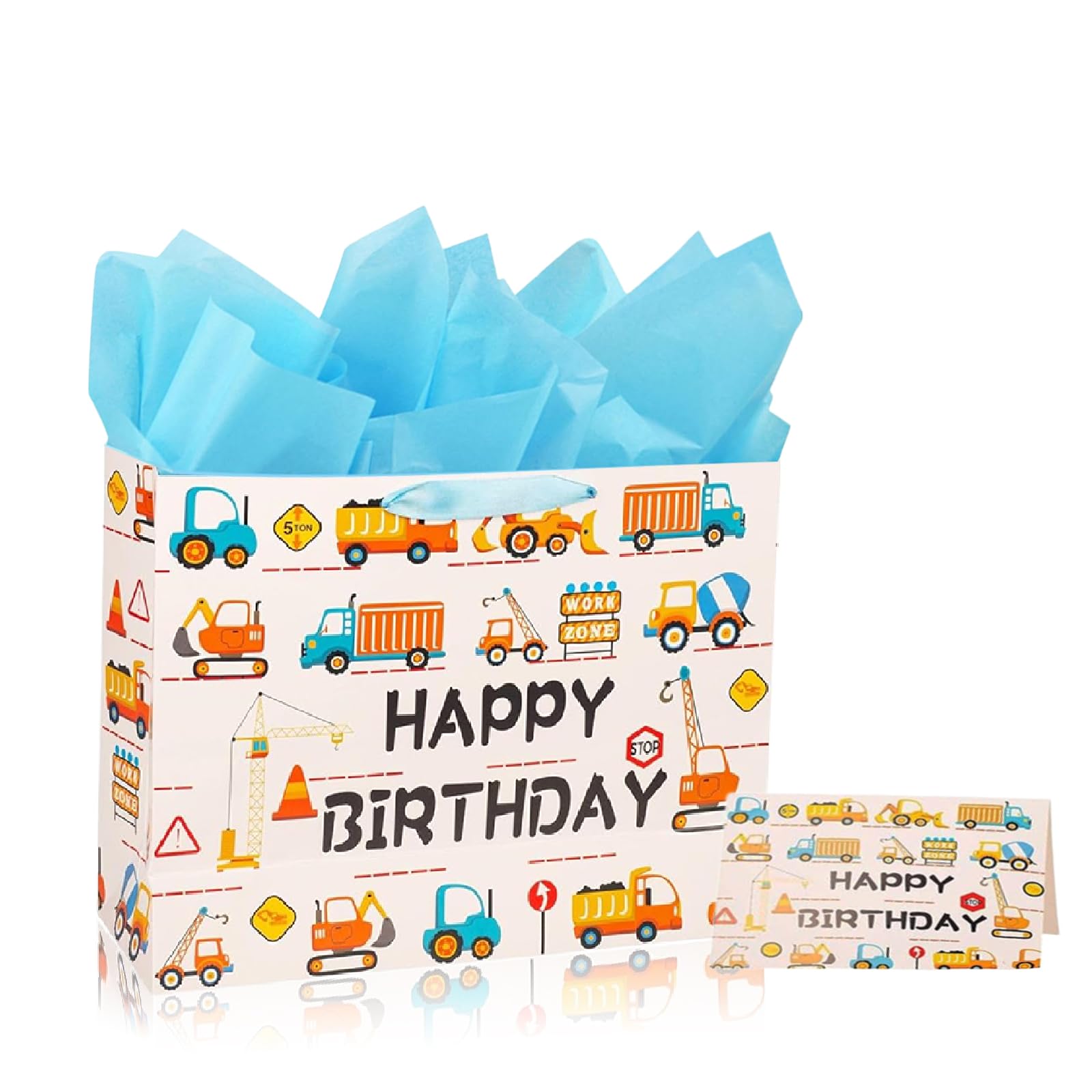 Large Birthday Gift Bag for Kid Boys Presents,Children Digger Gift Wrap Wrapping Bag,33*26*12cm Happy Birthday Party Present Bags with Handles and 3 Wrappers 1 Card,Luxury Paper Gift Toto Bags for Boy