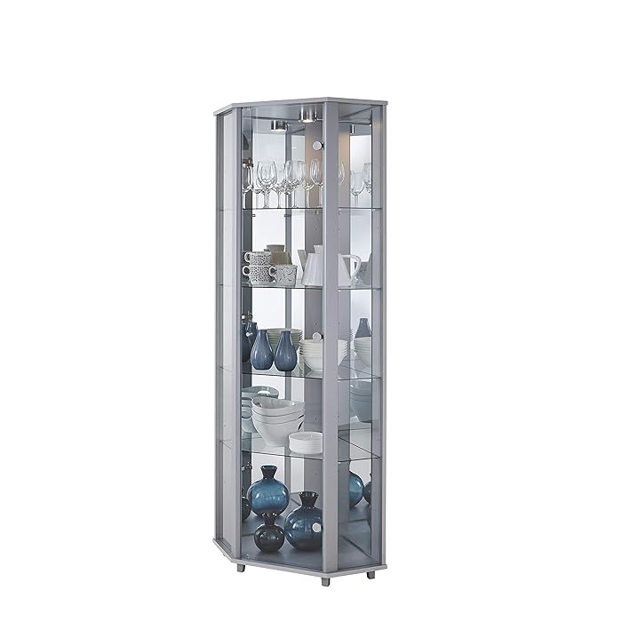 Buy LOCKABLE Fully Assembled HOME Silver Corner Glass Display 7 Glass Shelves, Mirror