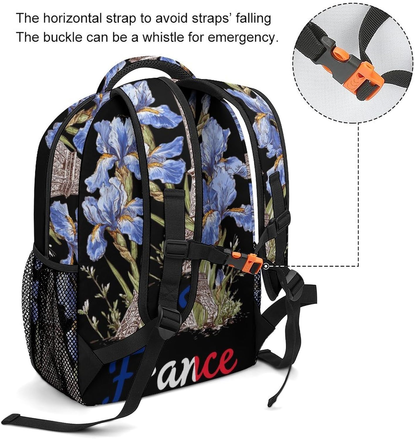 Eiffel Tower Iris Flowers France French Flag Unisex Backpack Casual Daypacks Lightweight Shoulders Bag for Camping Hiking Travel