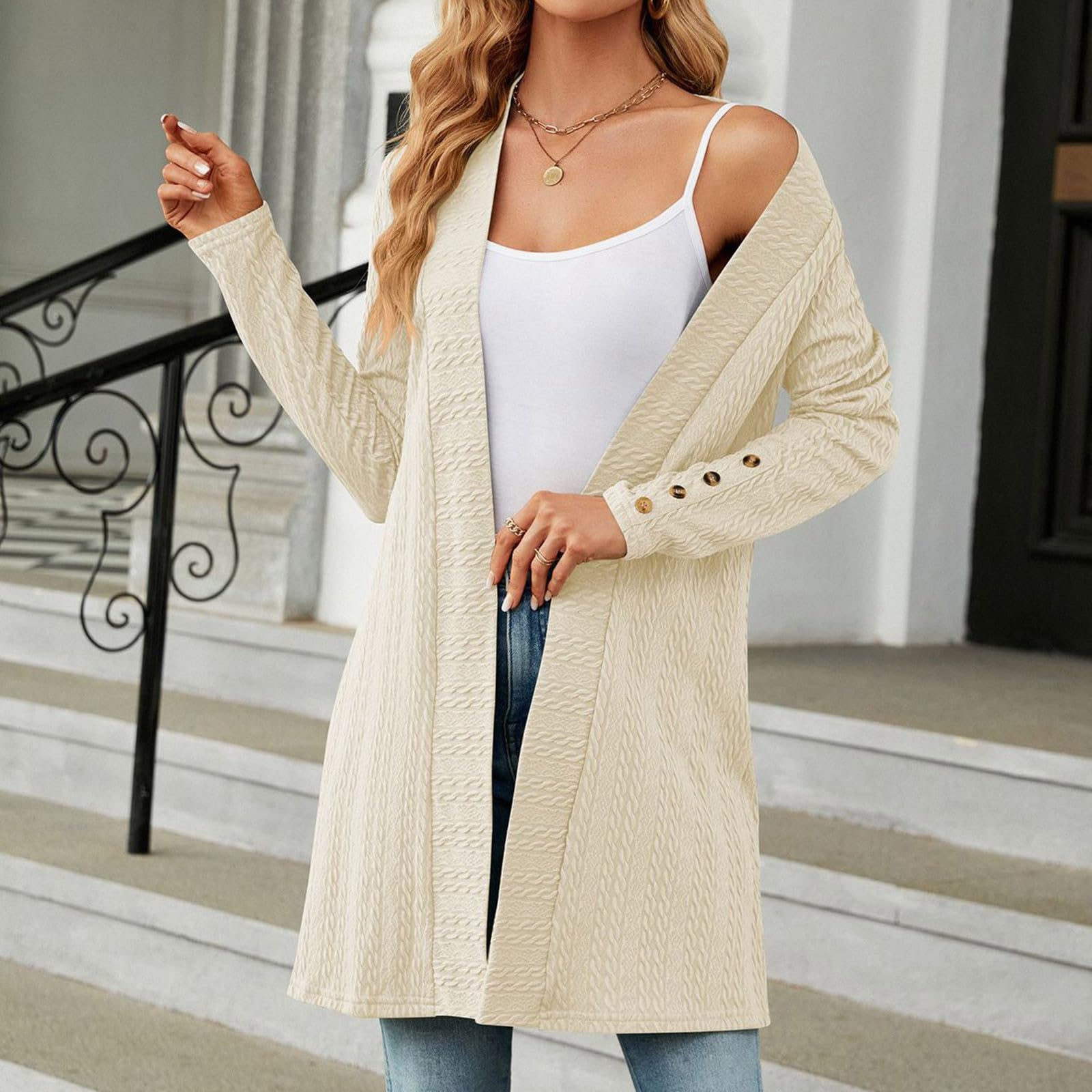 Générique Femmes Cardigan Pull Manteau Manches Longues Tricoté Sweaters Gilet Casual Veste en Tricot avec Boutons Pull Cardigan Femme Cardigan Femme Long Gilet Femme Chic et Elegant Mariage Doré