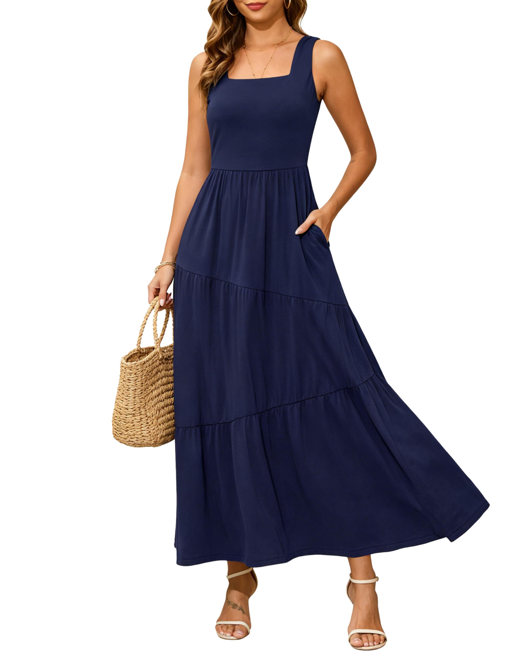 Photo 1 of Kranda Women Vacation Summer Dresses Square Neck Tank Dress Maxi Swing Tiered Sundress with Pockets Navy Blue, L