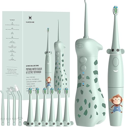 2-1 Kit de limpieza oral para niños, hilo dental de agua y cepillo de dientes eléctrico para niños, cepillado y hilo dental, seguro y eficaz, lindo