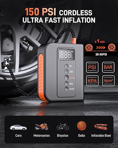 Miniatura 3 de Arrancador de batería de 2000 A para automóvil, paquete de energía portátil de 10000 mAh con compresor de aire, inflotador de neumáticos de 150 PSI,