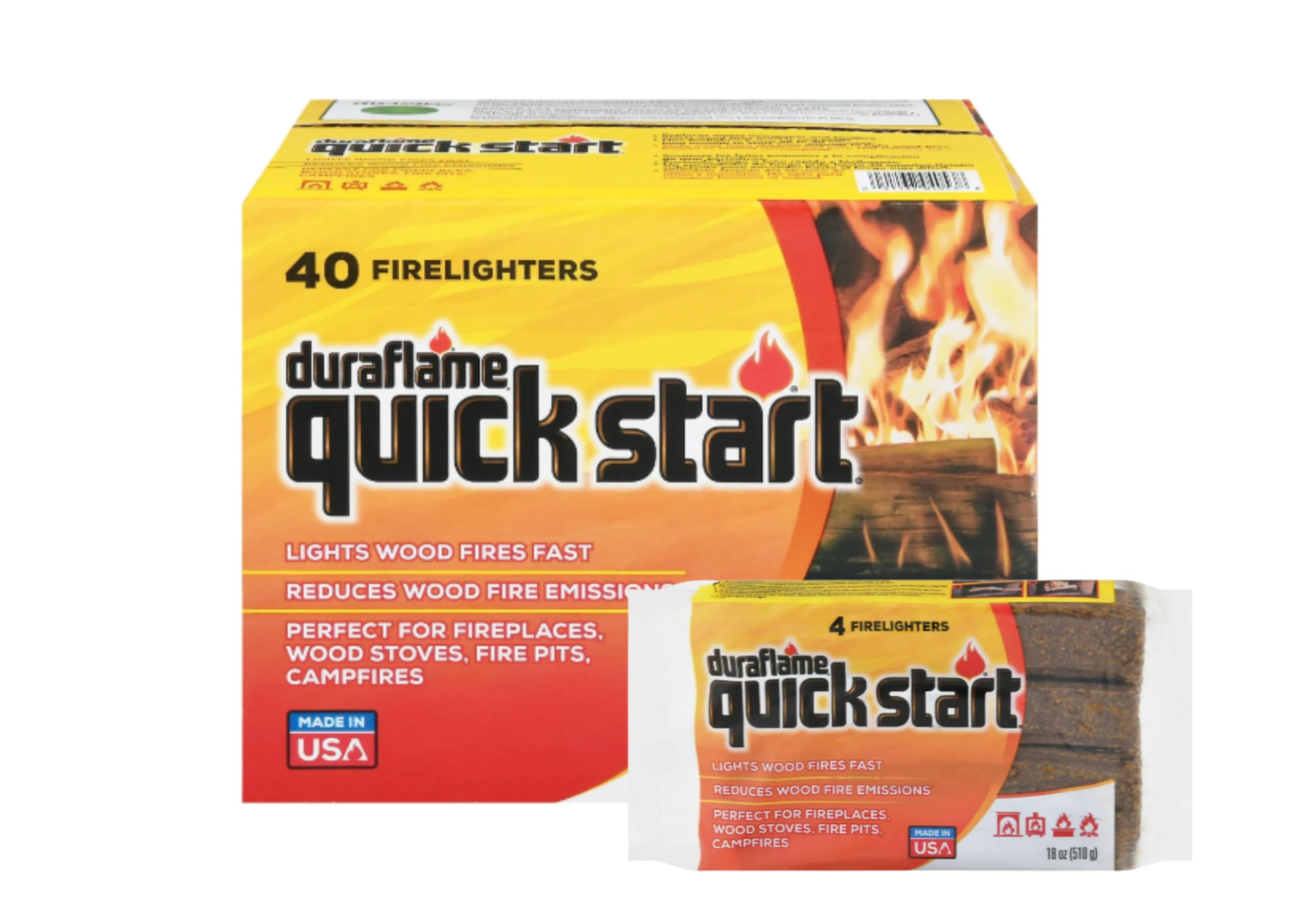 Quick Start Firelighters, 40 Count (10 x 4 Packs) – Wax & Renewable Biomass Firestarters for Fireplace, Fire Pit, Campfire, Wood Stove – Fast & Easy Fire Starting