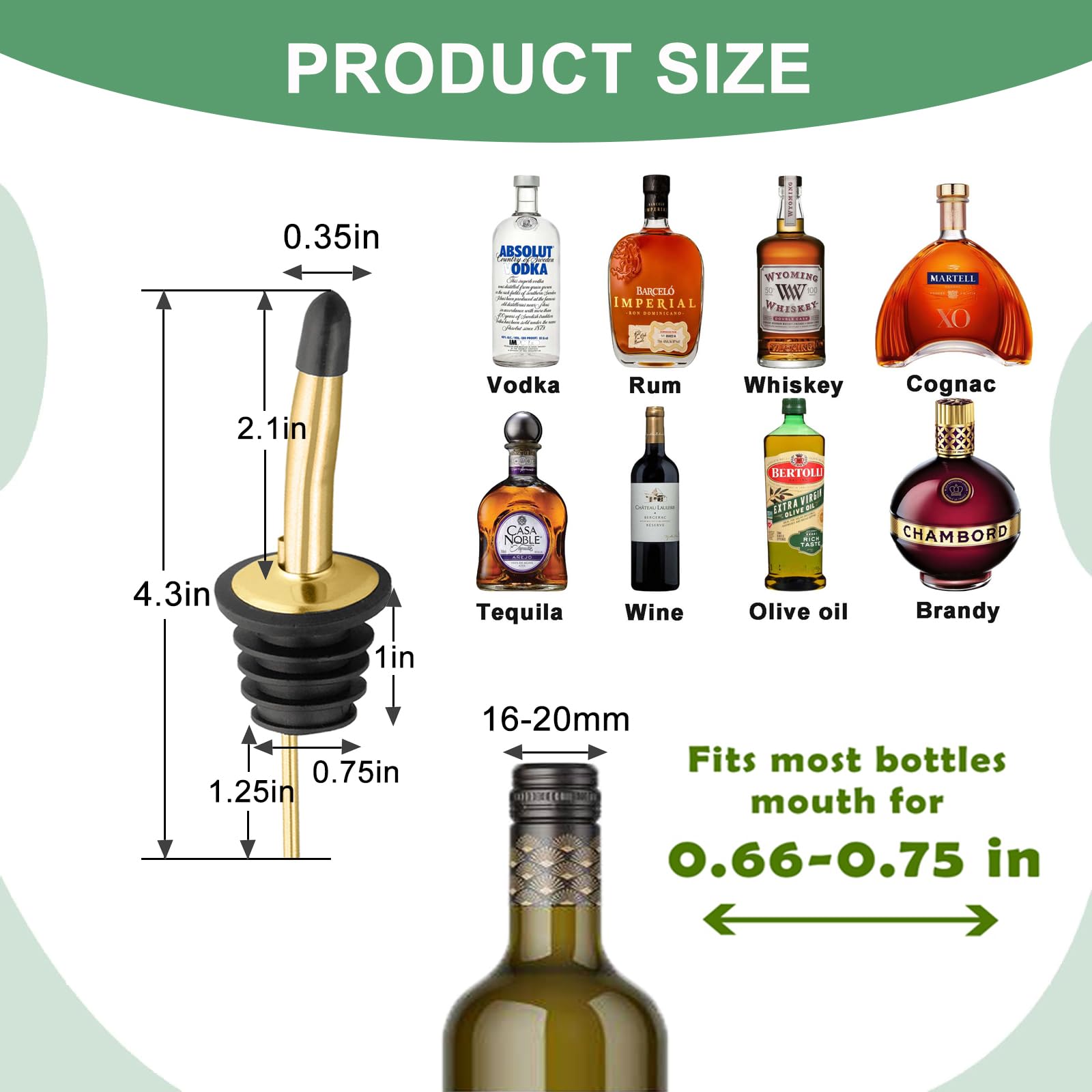 Juego de 6 boquillas para verter licor, de acero inoxidable, con tapas antipolvo de goma, para verter líquidos, aceite de oliva, vino, vinagre (dorado) 4