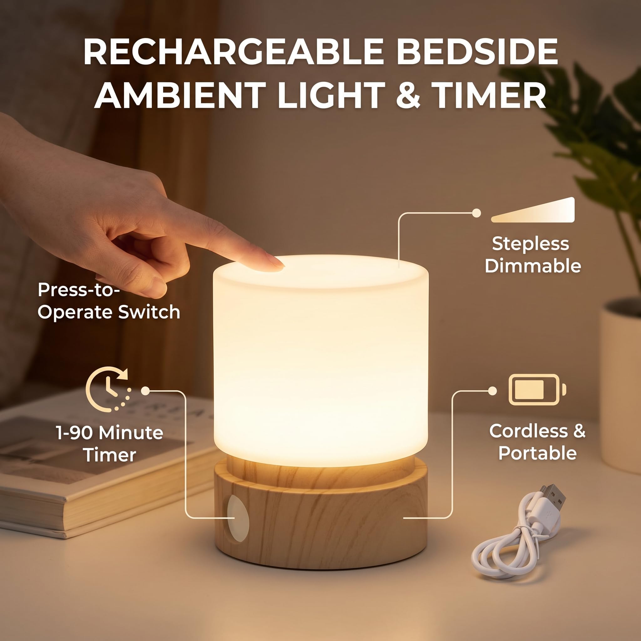 Garosa Luz LED Nocturna Portátil con Atenuación Continua, Lámpara de Lectura para Escritorio Ideal para Niños, Dormitorio, Sala de Estar y Oficina