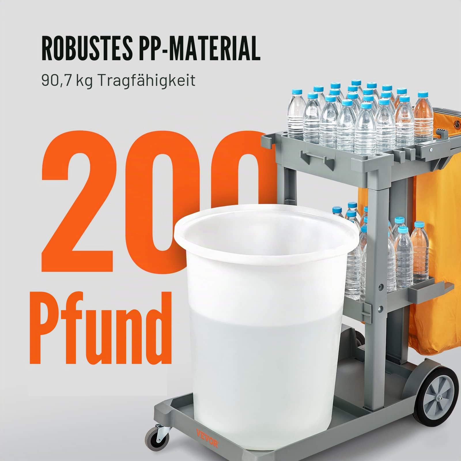 VEVOR Reinigungswagen Putzwagen mit 3 Fächern, Hygienewagen Reinigungswagen 90,7 kg Tragfähigkeit, Grau PP Wischwagen Systemwagen mit PVC-Müllsack, Geeignet für Büros, Einkaufszentren, Hotels