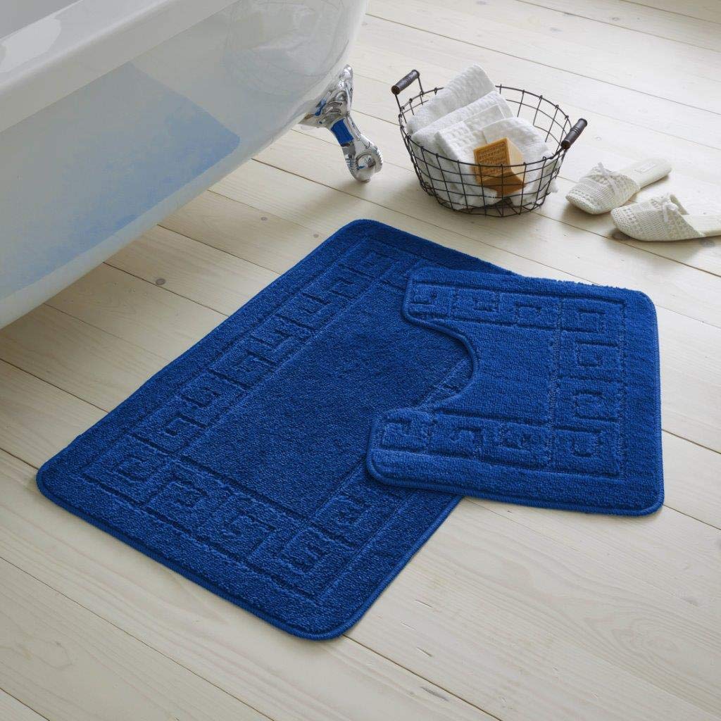 EHD Greek Design 2 Piece Bath Mat and Pedestal Mat Sets Non Slip Water Absorbent Regular Size Bathroom Rugs (Royal Blue)