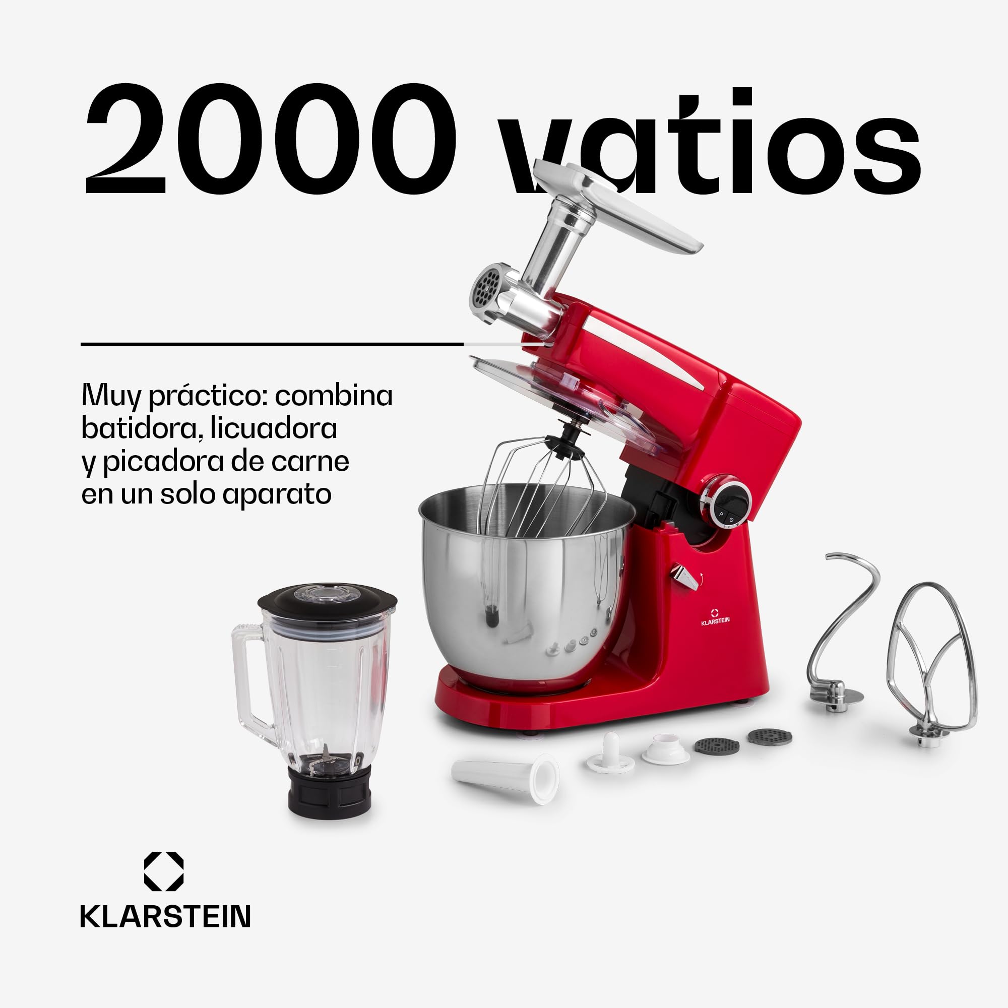Klarstein Robot de Cocina, Batidora Vaso Multifuncional 2000W Con Picadora de Carne, Batidoras y Procesadores 3 en 1 para la Cocina, Electrodomésticos para Cocinar, Amasadora Acero Inoxidable 10l.