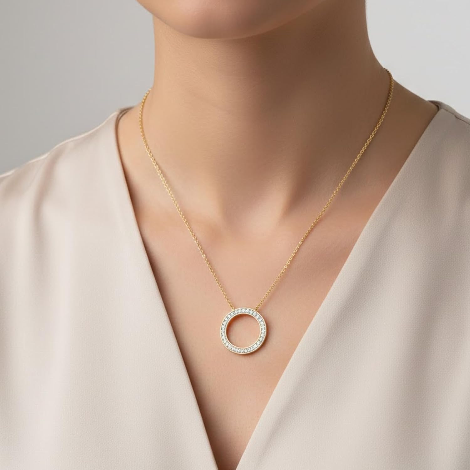 DEWBERRY 1/3 cttw Round Cut Lab Grown Diamond Pendant Open Circle Necklace for Women | 18 Inch Chain Necklace with 14K White Or Yellow Gold Plated 925 Silver VS-FG Diamond Pendant (0.32 cttw)