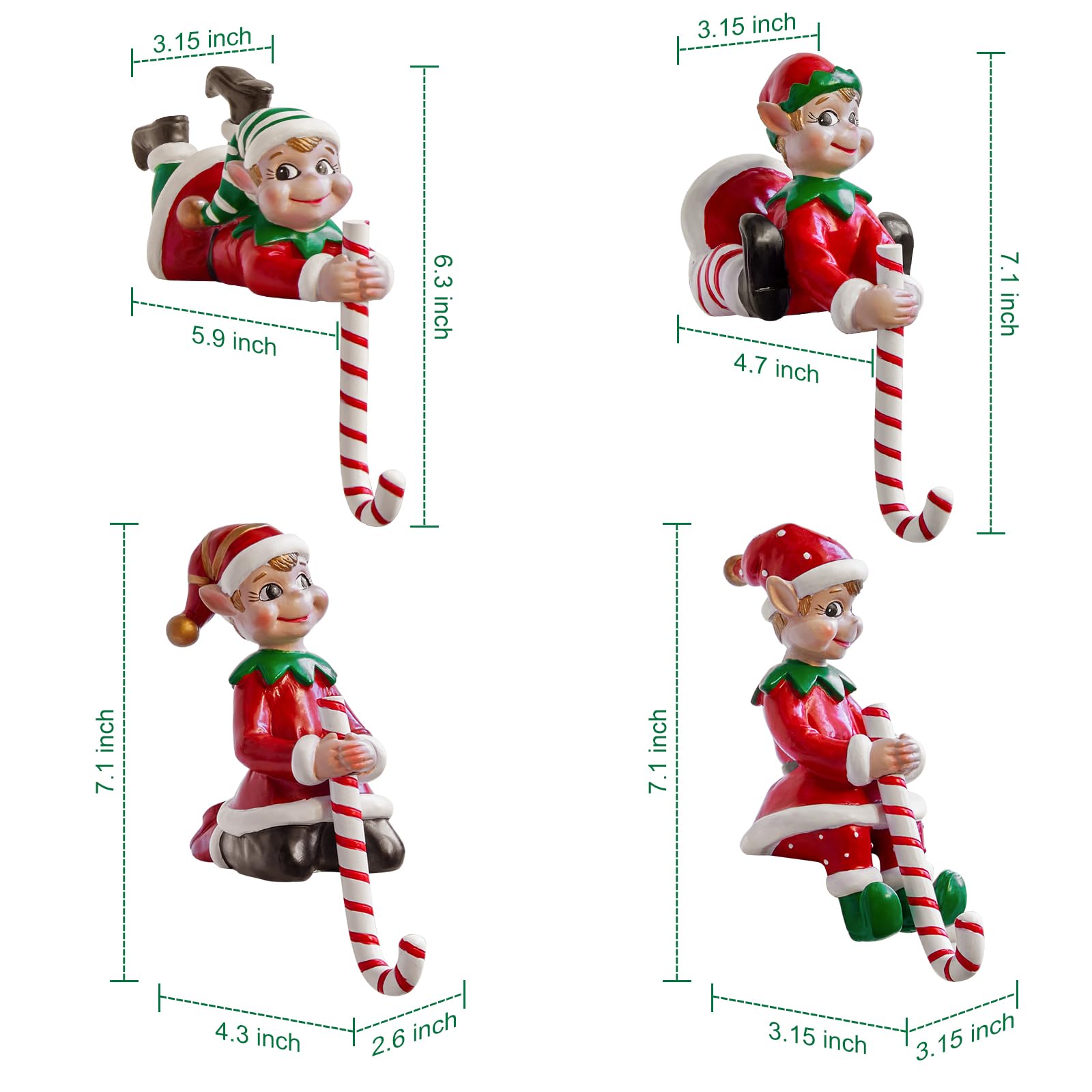 Christmas 3D Elves Stocking Holders for Mantle, Set of 4 HandPainted