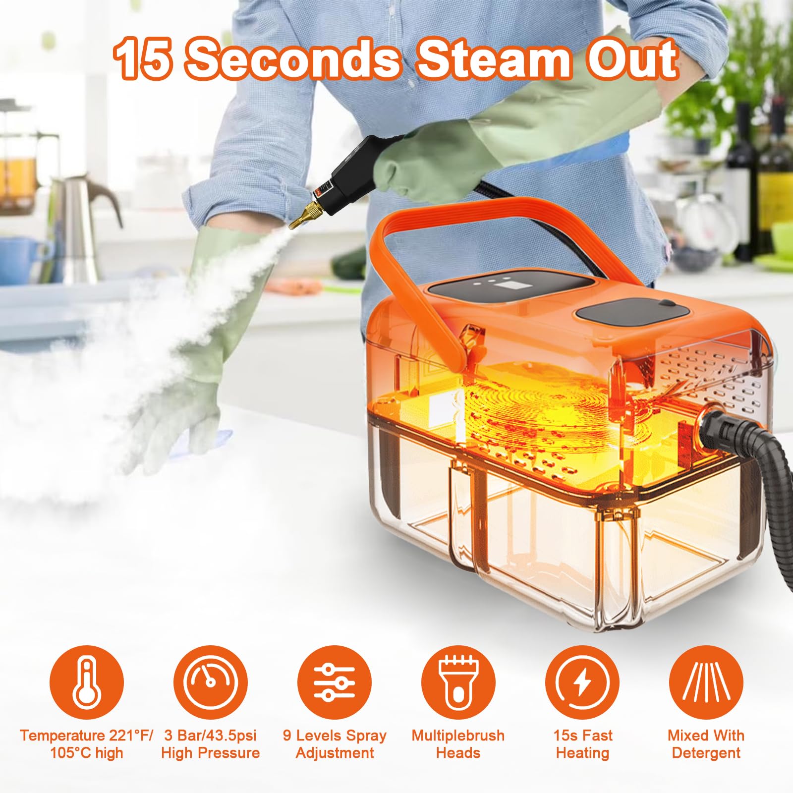 Limpiador de Vapor con Accesorios, 9 Velocidades 2500W Vaporeta Limpieza de Mano, Portátil Multiusos Vaporeta Limpieza Hogar Potente para Muebles de Cocina, Baño, Automóvil, Piso, Sofá (naranja)