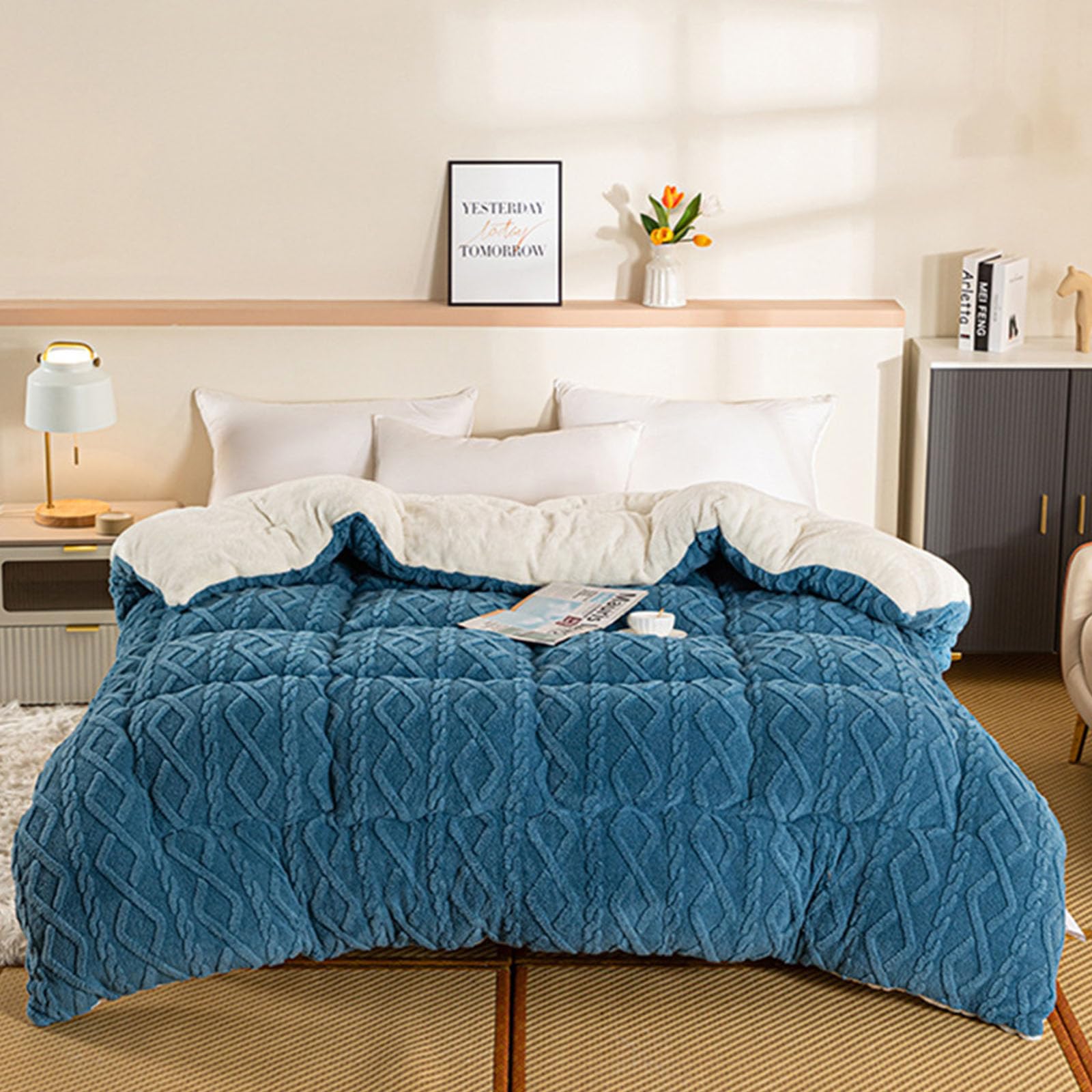 Couette d'hiver en cachemire d'agneau bleu 180x220cm pour lit deux personnes