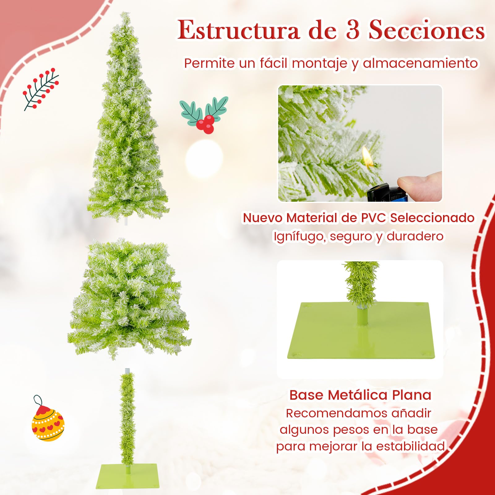 COSTWAY Árbol de Navidad Nevado con Luces 180cm, Cima Flexible, Arbol de Navidad Estrecho con Luces Incorporadas, 8 Modos con 120 LED Blancas Cálidas, 290 Puntas de Ramas (180 cm)
