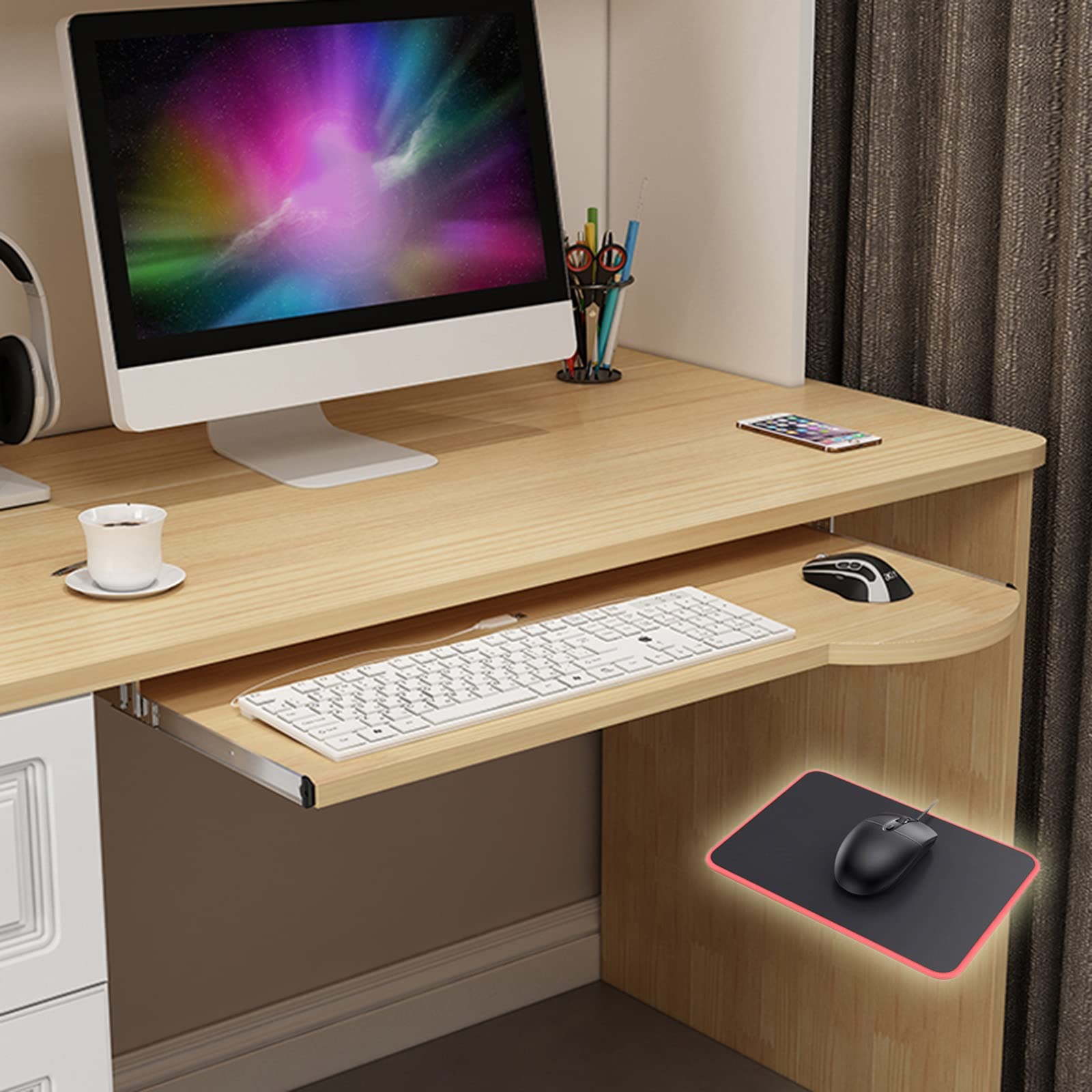 CVJdfhRE desk extender， Wooden Keyboard Tray Under Desk Sliding, with Mouses Pad, Slide-Out Drawer for Support and Mouse(Walnut,60 * 26Cm/24 * 10Inch)