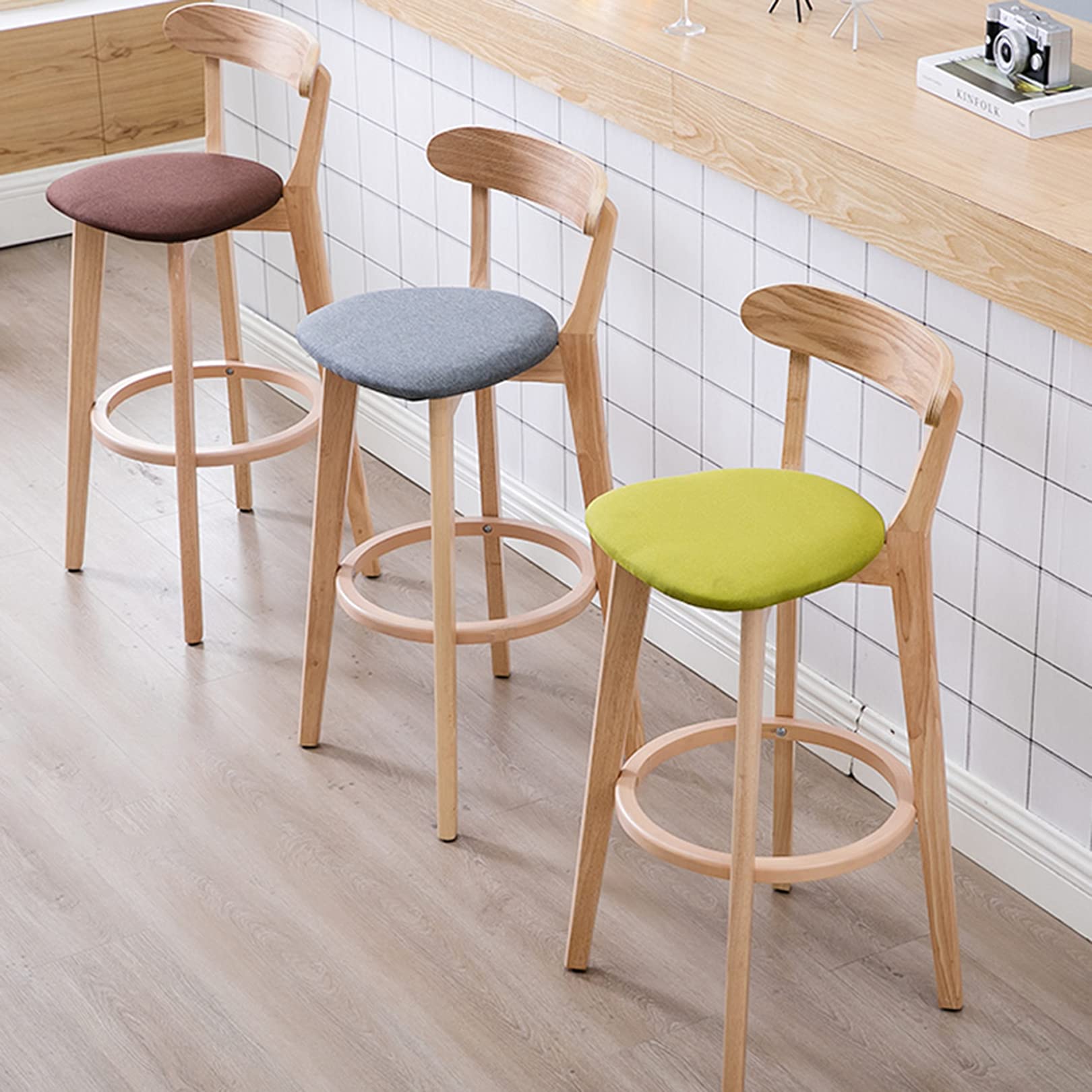 Eleganti sgabelli da bar in legno nordico con schienale e cuscino rimovibile, perfetti per tavoli da pranzo e bar, finitura in legno naturale, mobili per la casa