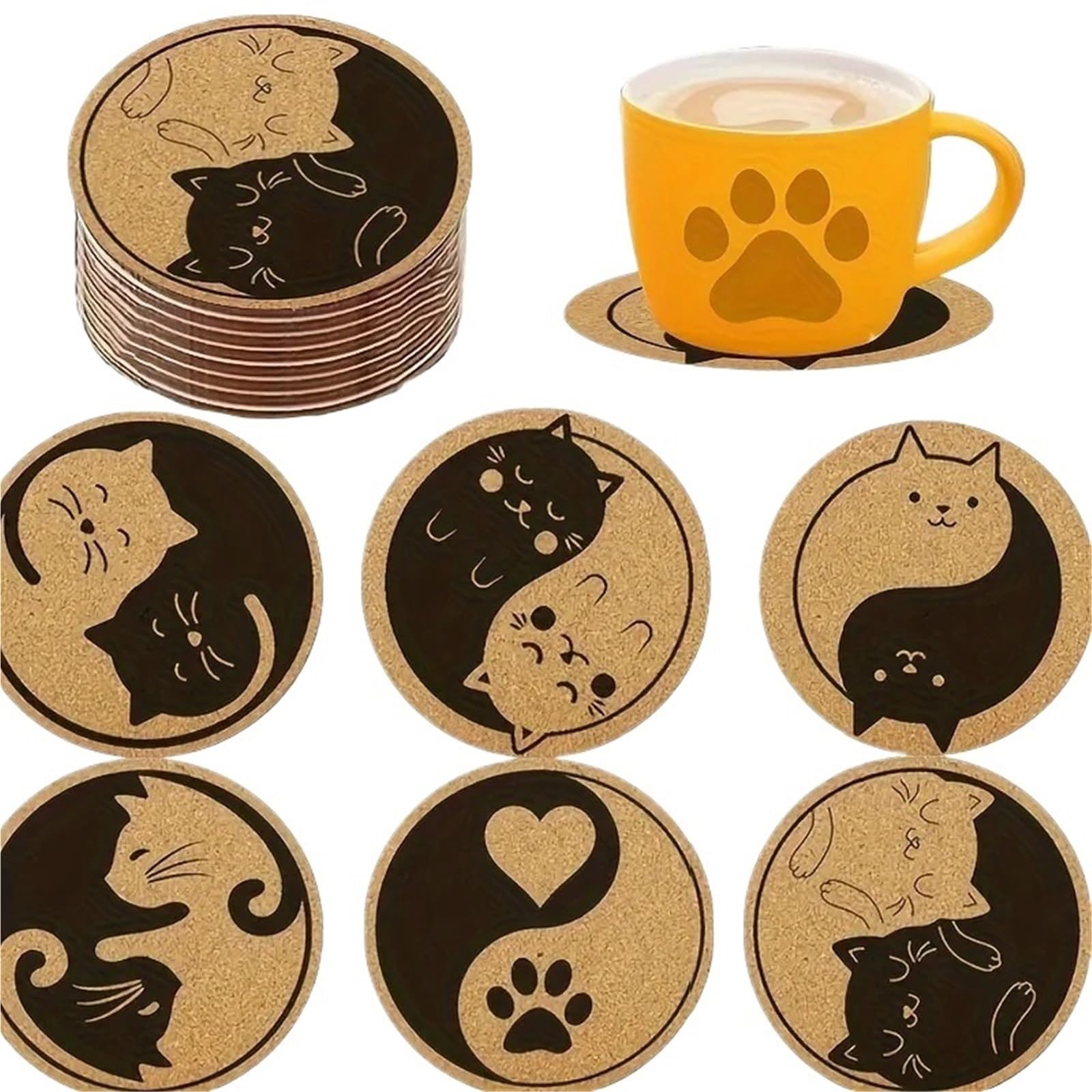 Wooden Round Coasters 6Pcs Cat Pattern Wooden Coasters