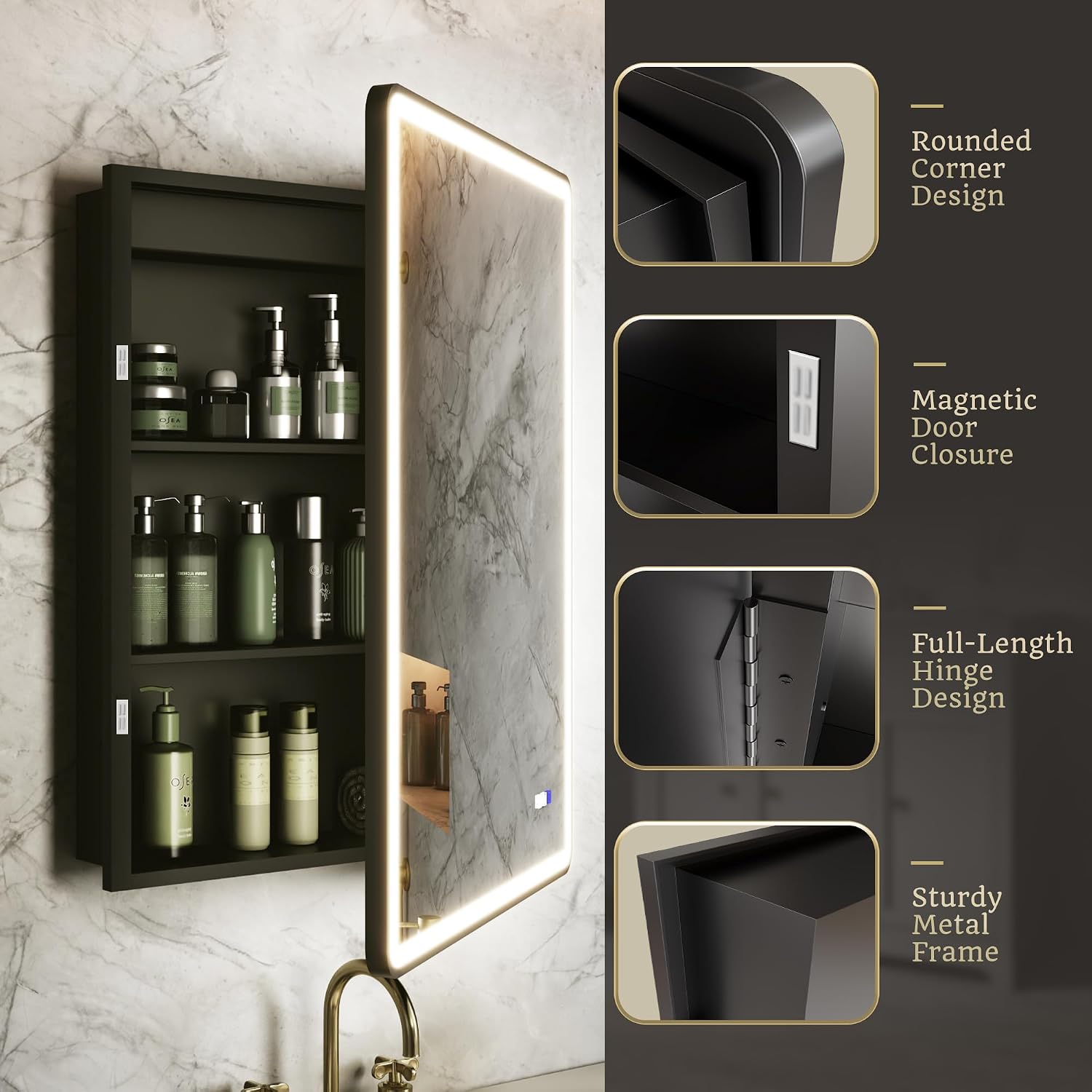 24x30 Lighted Medicine Cabinet with Mirror, Surface or Recessed Bathroom Medicine Cabinet with Storage, 3-Color Dimmable Lighting, Anti-Fog & Memory, Adjustable Shelves, Black Metal Frame