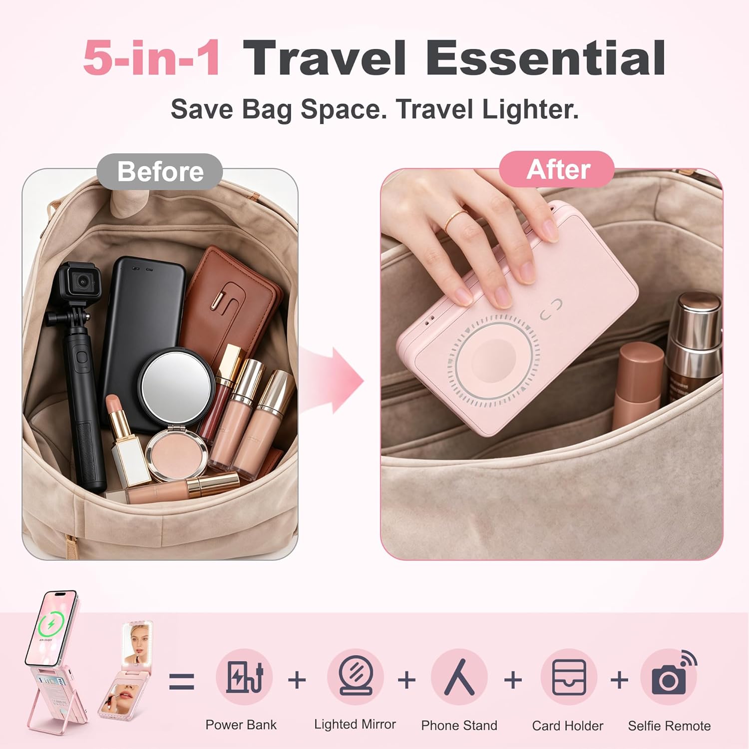 Portable Charger for Women, Power Bank Travel Essentials 5000mAh Battery Pack with Stand, LED Makeup Mirror, 20W USB-C, Fast Charging Powerbank Gift for Girls & Mom for iPhone, Samsung Android - Pink