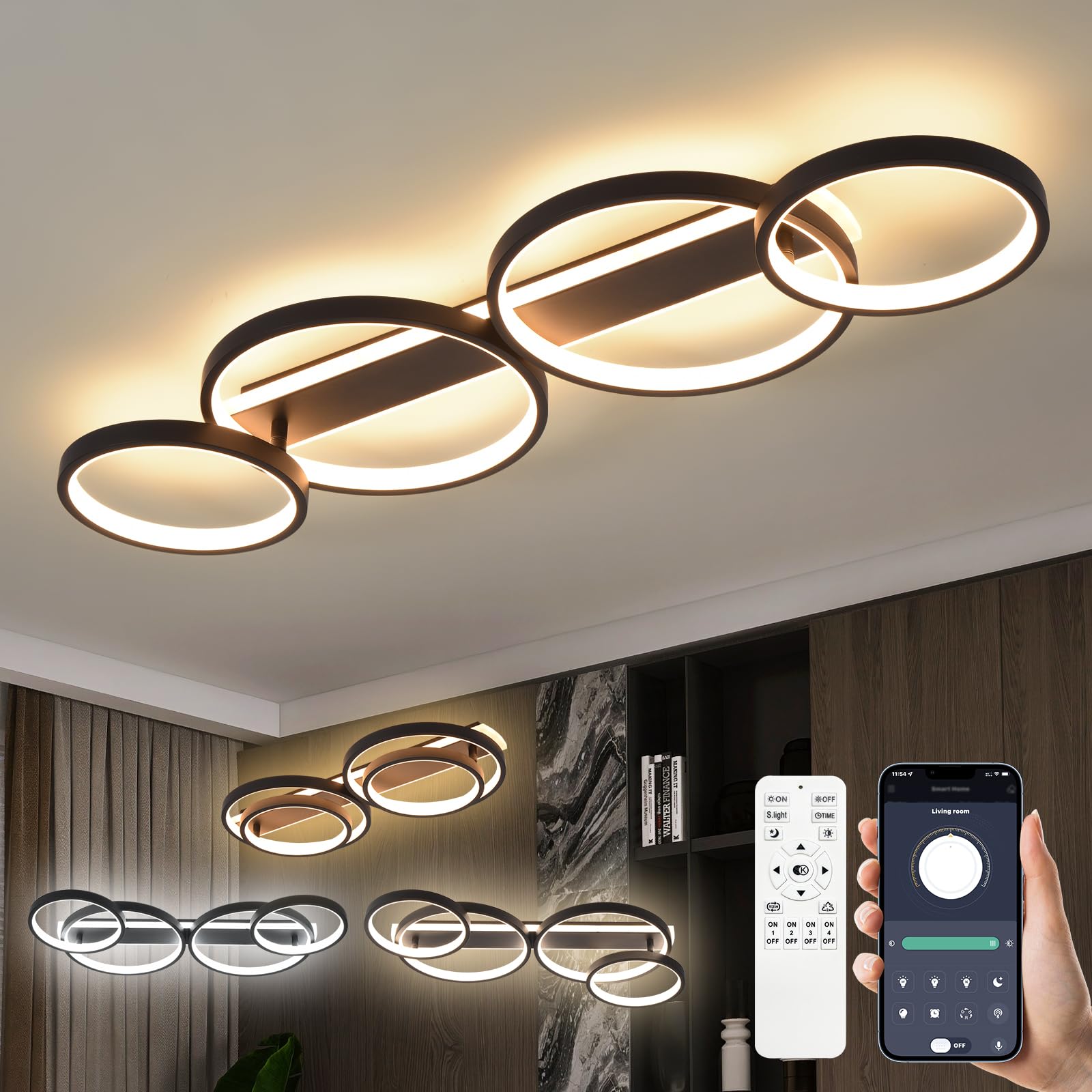 LED Deckenlampe,Dimmbar Deckenleuchte Mit Fernbedienung APP,Einstellbar Ringform Wohnzimmerlampe 4 Flammig Kronleuchter Lampe,48W 3000-6500K deckenbeleuchtung für Schlafzimmer Wohnzimmer,Schwarz 86cm