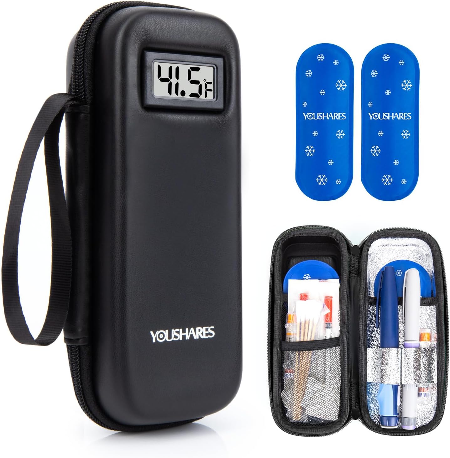 YOUSHARES Insulin Cooler Travel Case with Temperature Display - Diabetic Travel Case Refrigerated Medicine Cooler Travel Case with 2 TSA Approved Ice Pack for Trip and Daily (Black) 02 Black