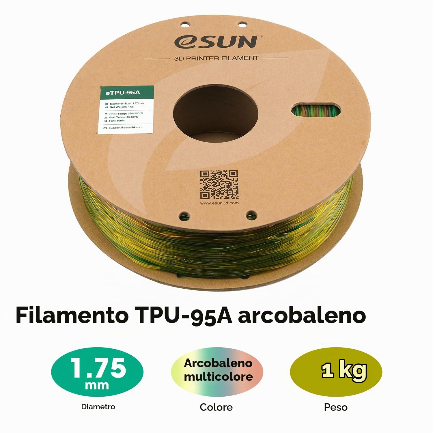 eSUN TPU-95A Filamento Arcobaleno 1.75mm, Flessibile per Stampante 3D, Multicolore Cambia Gradiente 1KG
