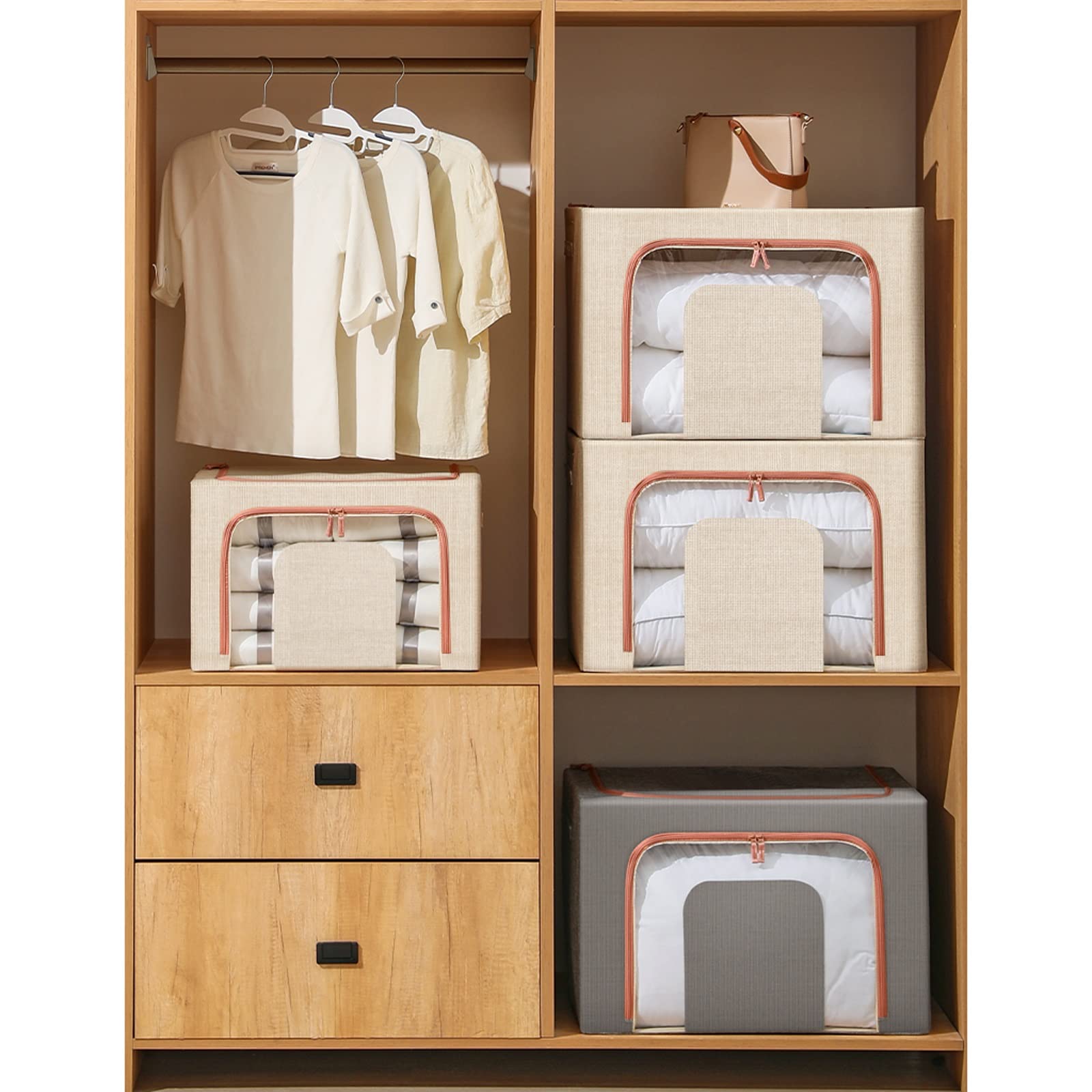 Khaki Borsa portaoggetti sotto il letto con finestra trasparente, maniglia rinforzata e cerniera robusta - Spazioso organizer per vestiti (24 litri)