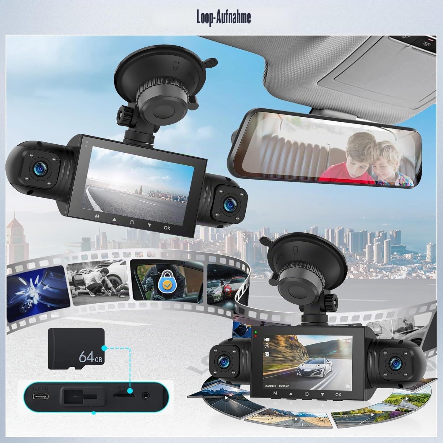 1080P WiFi Dashcam für Auto mit App, 3 Zoll Frontkamera, 24h Parküberwachung, Nachtsicht, G-Sensor, Loop-Aufnahme, klappbar & spiegelbar, inkl. 64GB Karte, für iOS/Android