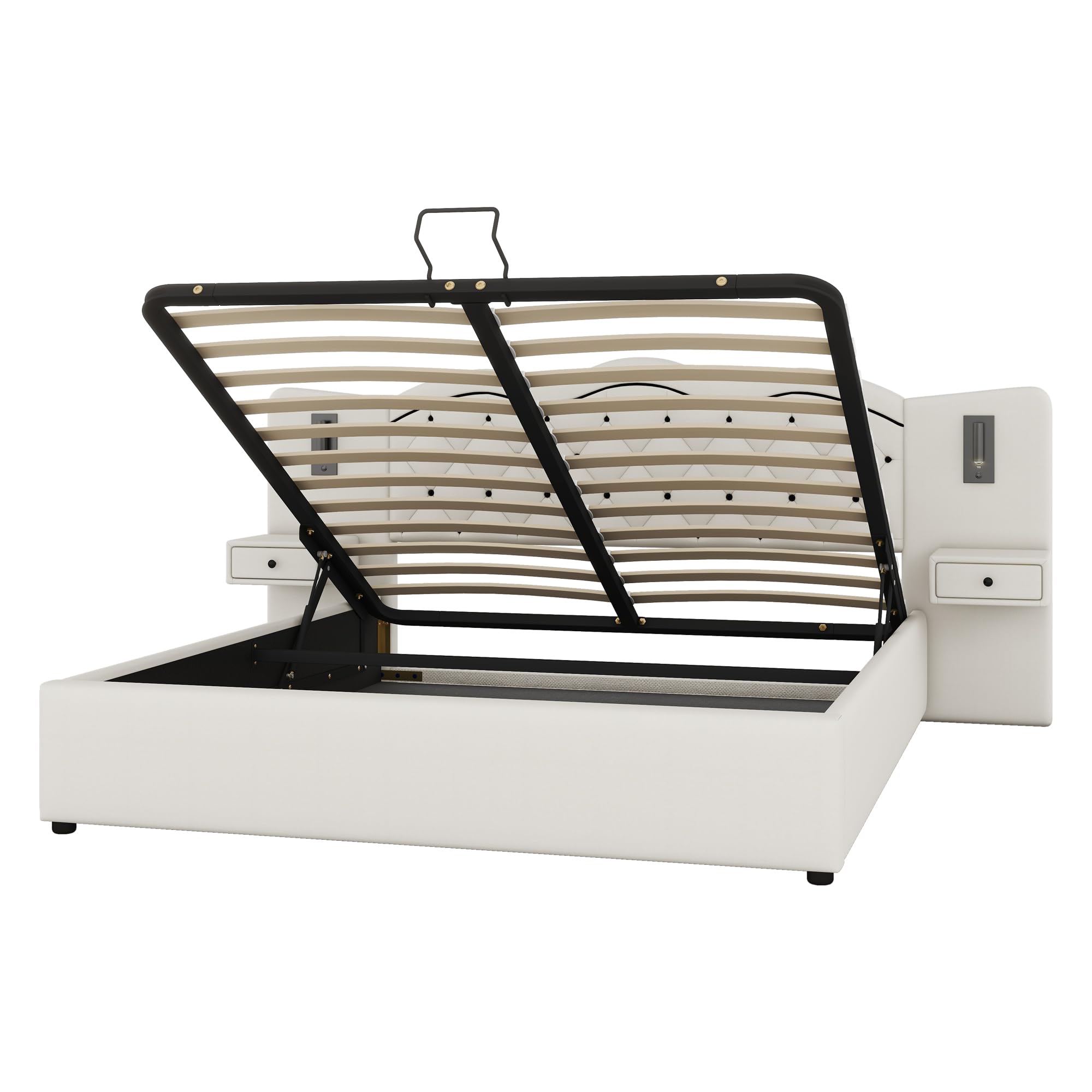 Rtopsu Letto Imbottito Matrimoniale 180x200 cm con USB e 2 Lampade da Comodino, Struttura del Letto Idraulico con Contenitore e Rete a Doghe, Testata con 2 Cassetti, Lino, Beige, Senza Materasso