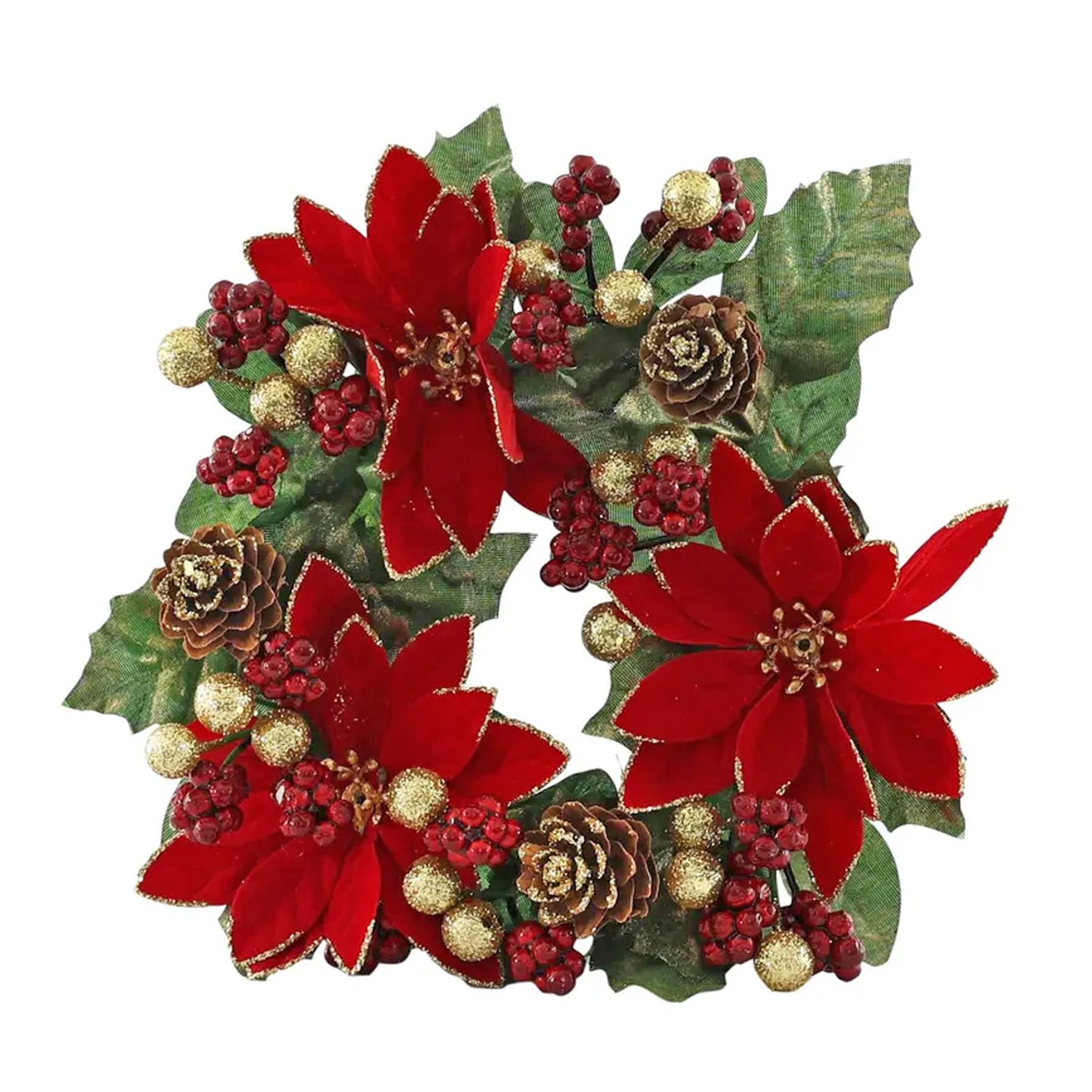 Widdle Gifts Red Christmas Poinsettia Candle Ring With Pine Cones And Glitter Berries 20Cm