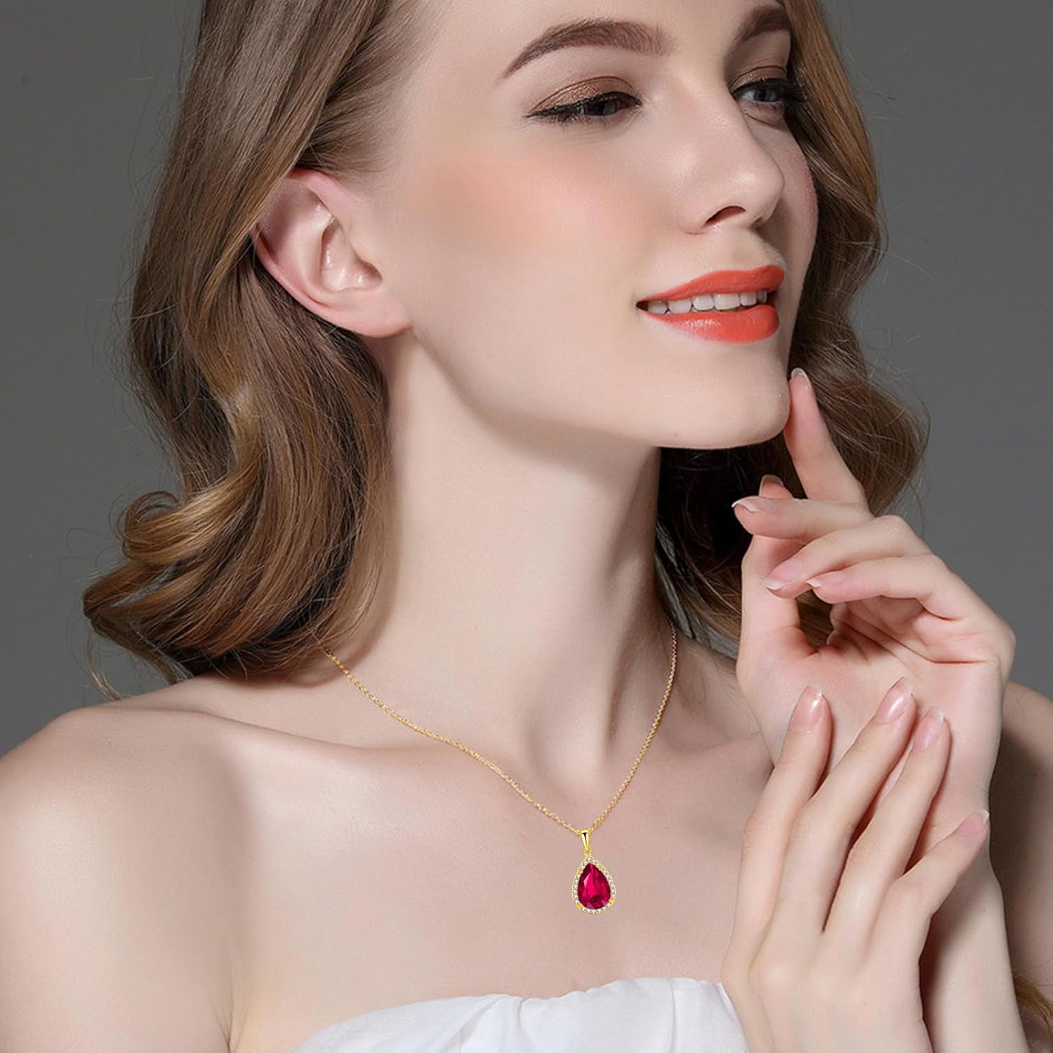 VONSSY Classic Oval Pendant Gemstone Necklace | Crystal Ruby Sapphire Waterdrop Birthstone Teardrop Emerald Necklace | 18K Platinum Gold Plated Chain | Jewelry Gift for Mother Wife Girlfriend - Image 2